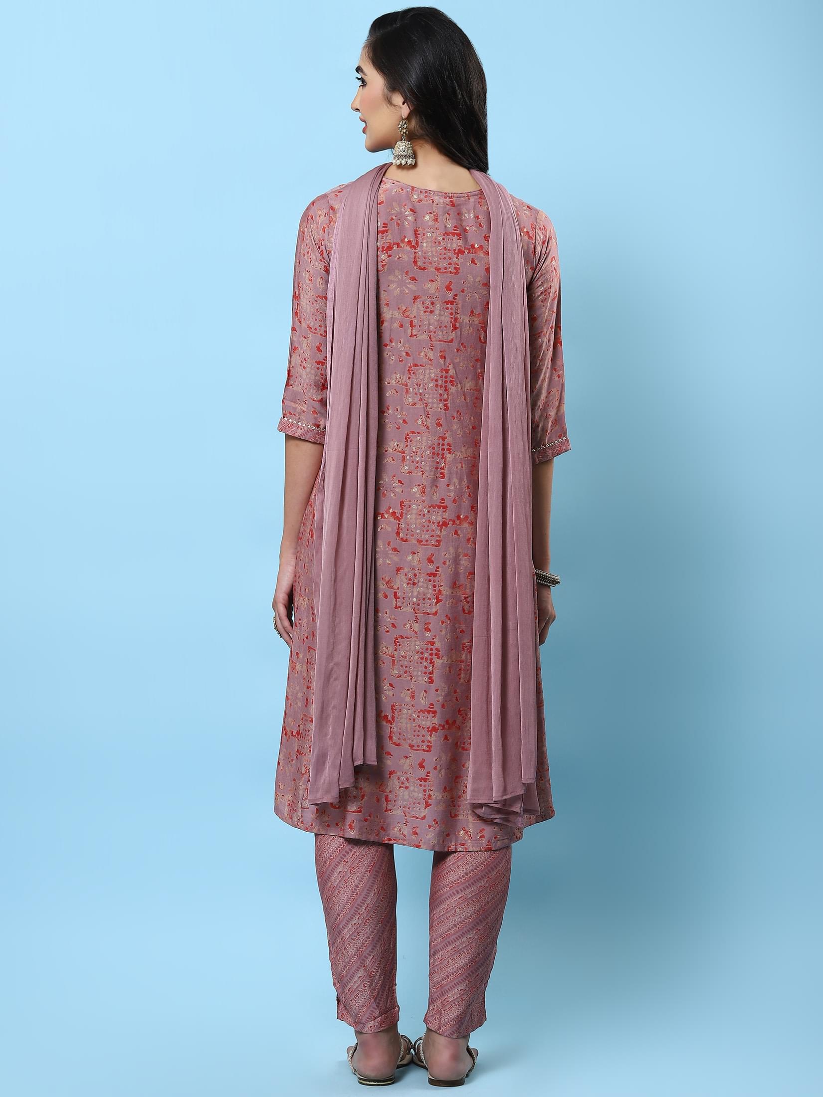 Women Pink Abstract Printed Kurta Trouser Dupatta.