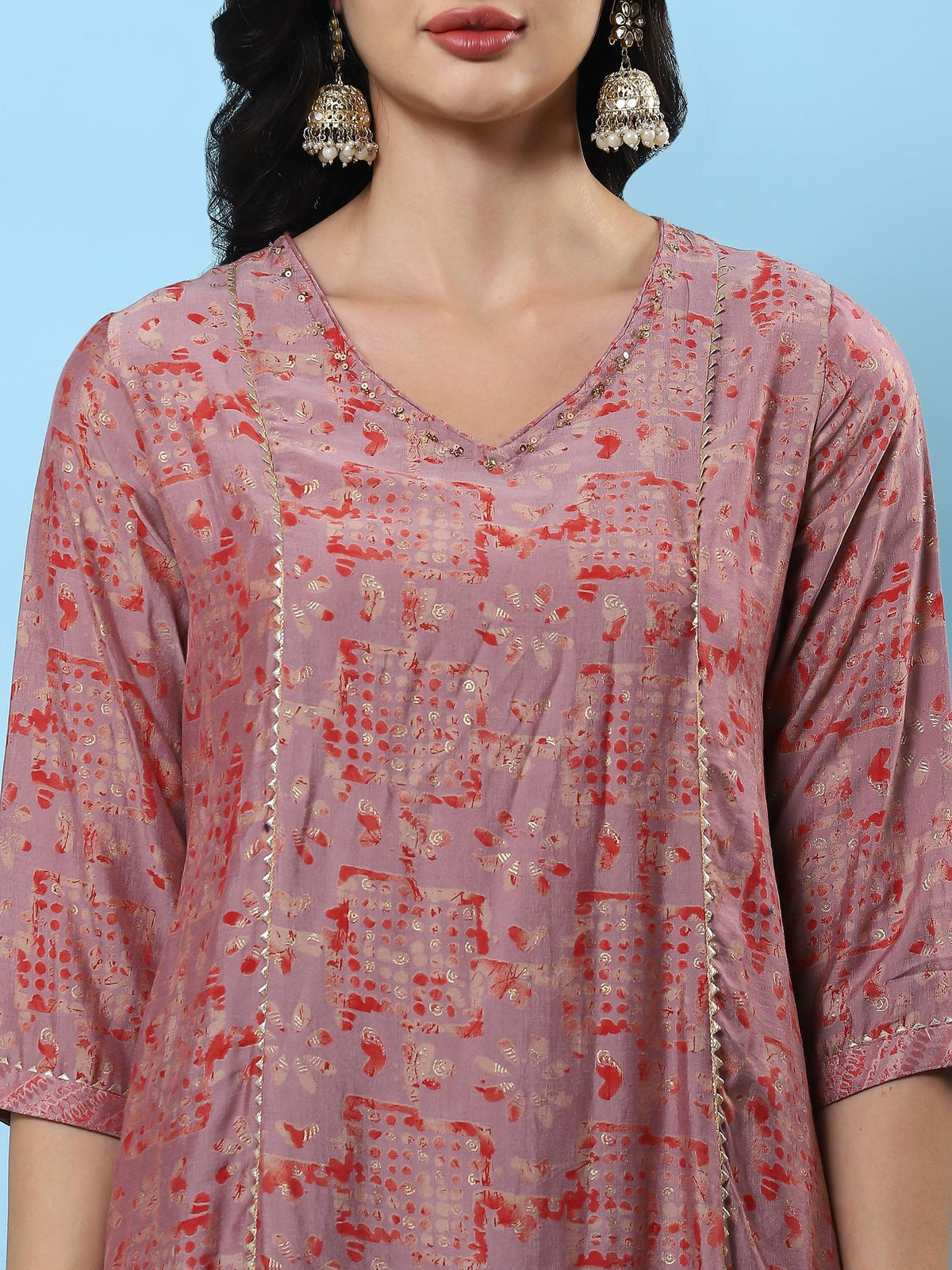 Women Pink Abstract Printed Kurta Trouser Dupatta.