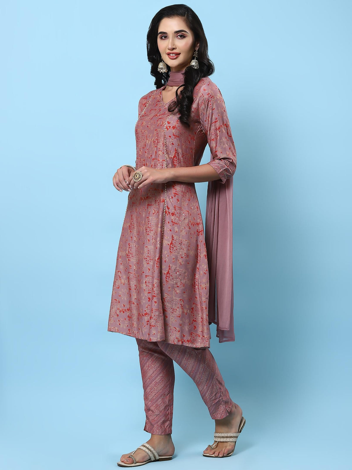 Women Pink Abstract Printed Kurta Trouser Dupatta.
