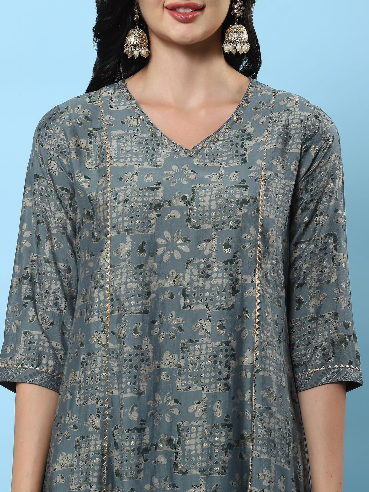 Women Grey Abstract Printed Kurta Trouser Dupatta.