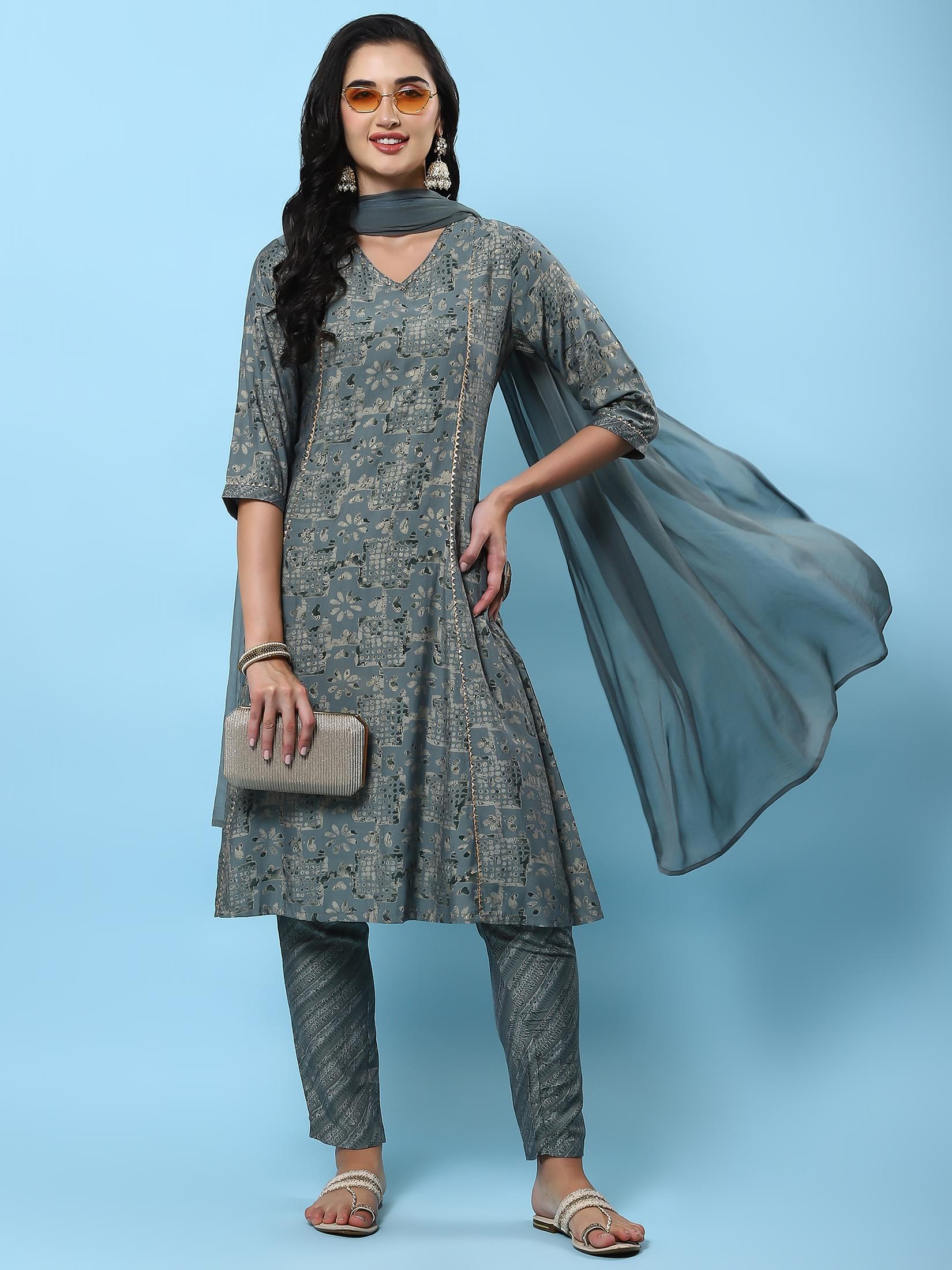 Women Grey Abstract Printed Kurta Trouser Dupatta.