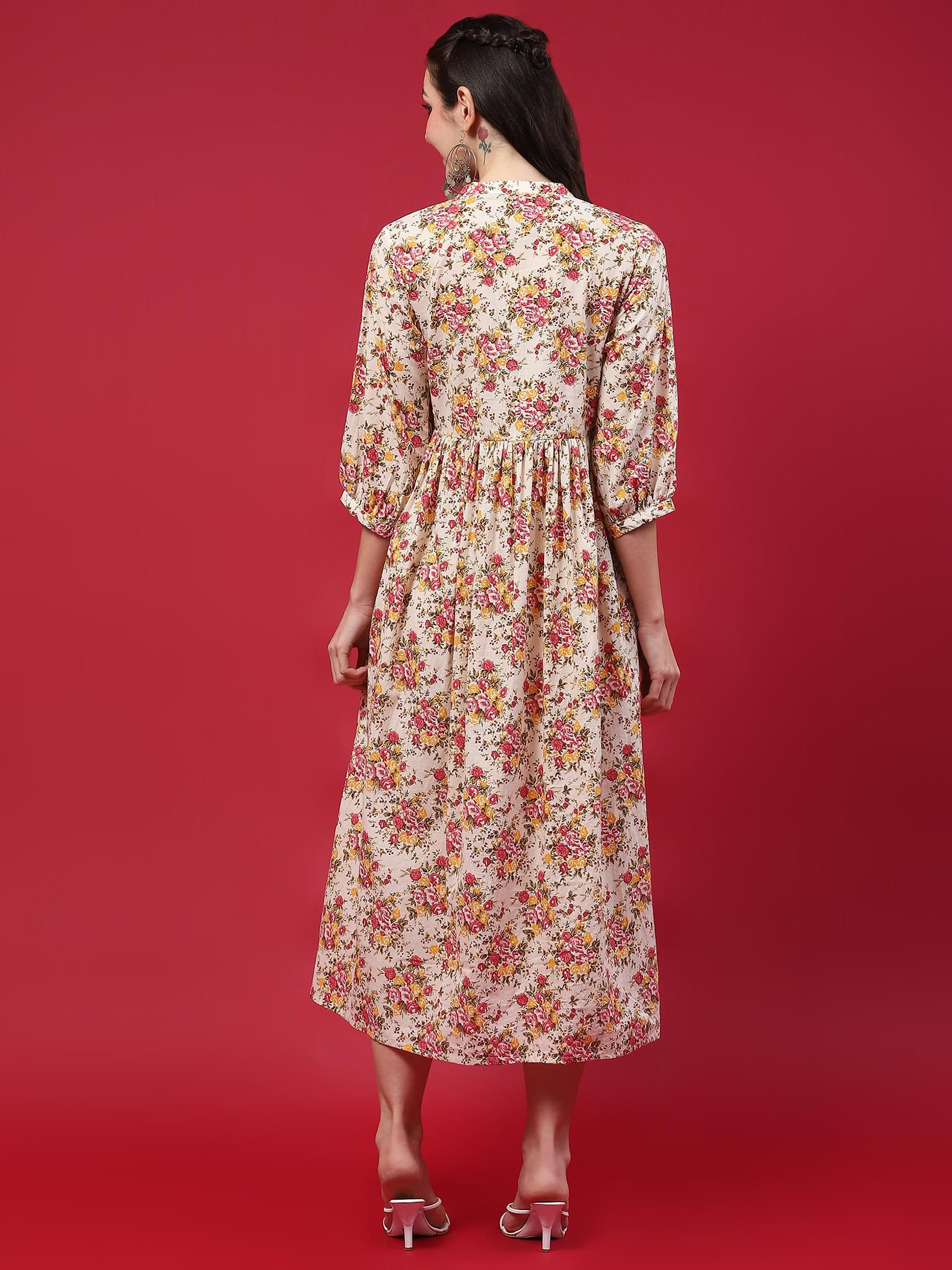 Women Beige Floral Printed Dress.