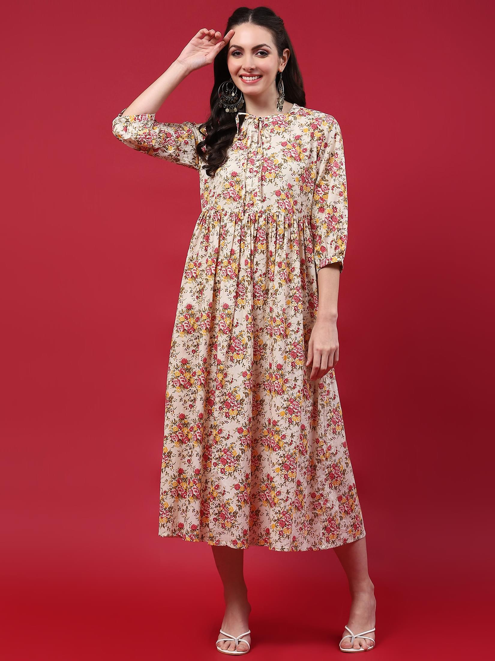 Women Beige Floral Printed Dress.