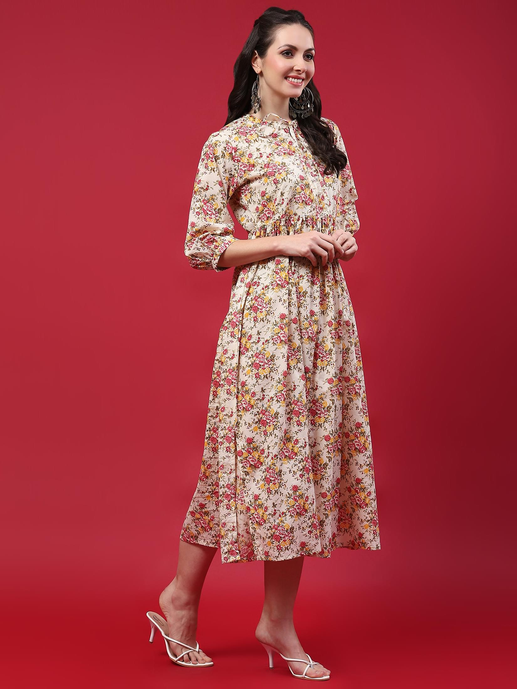 Women Beige Floral Printed Dress.