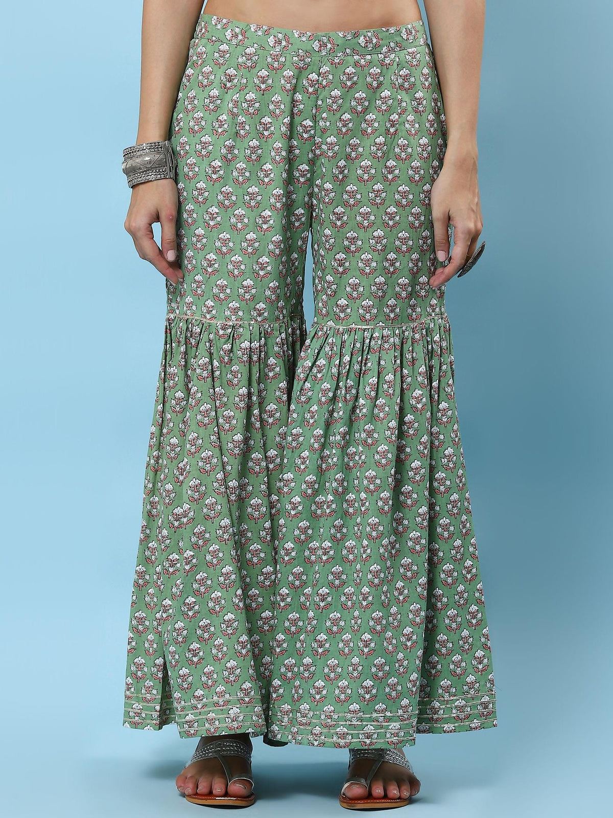 Women Green Floral Printed Kurta Sharara Dupatta.