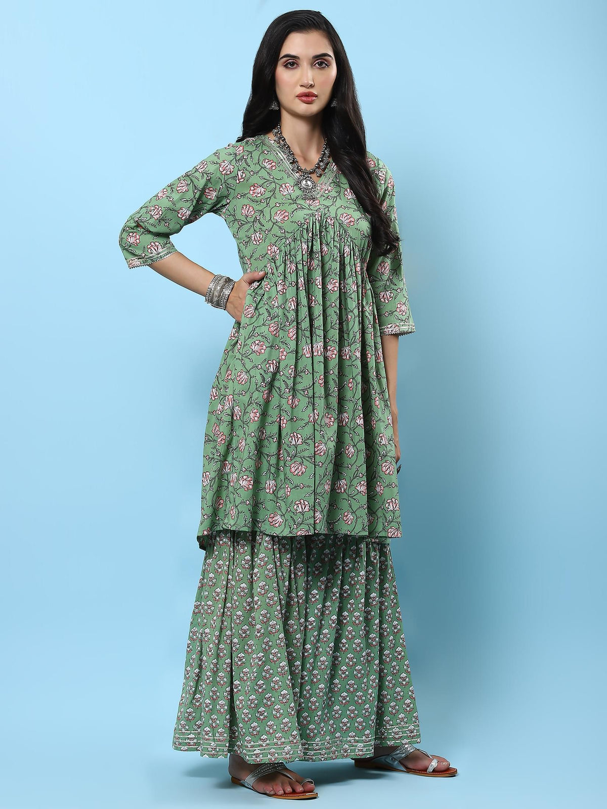 Women Green Floral Printed Kurta Sharara Dupatta.