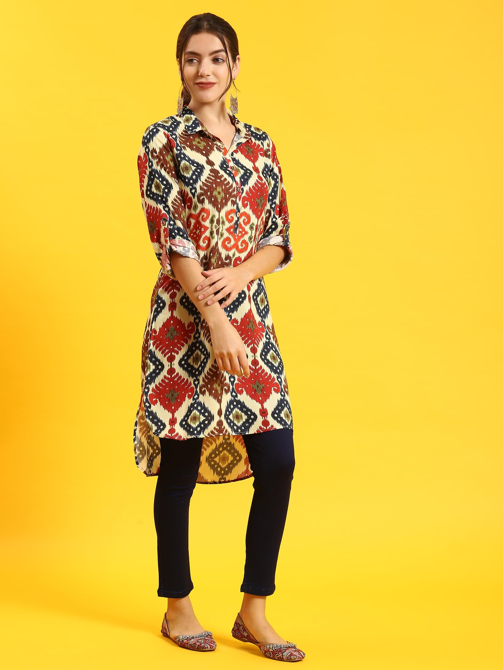 Women Multicolor Ikat Print Kurta.