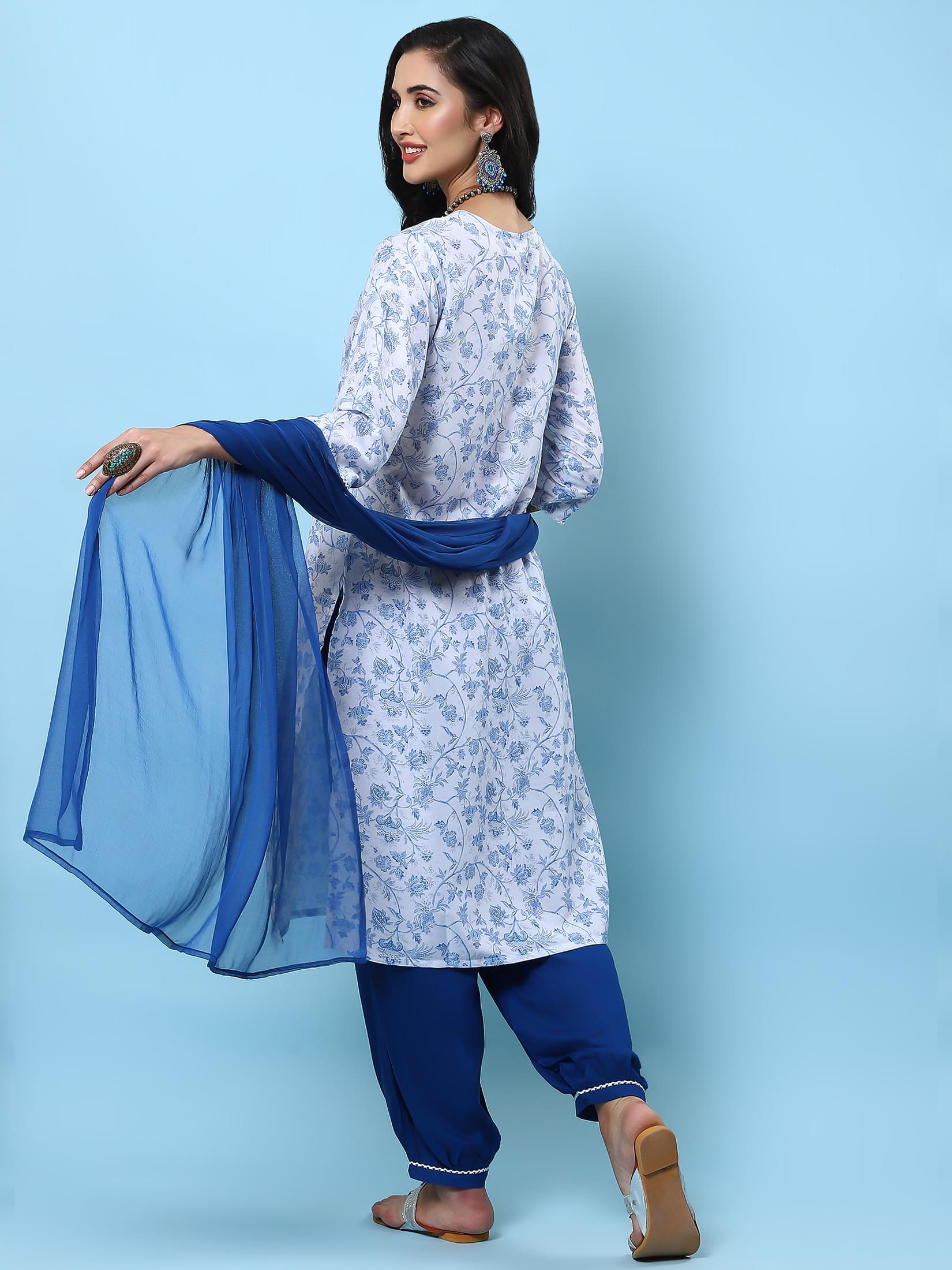 Indiessence Women White Floral Printed Kurta Harem Pant Dupatta.