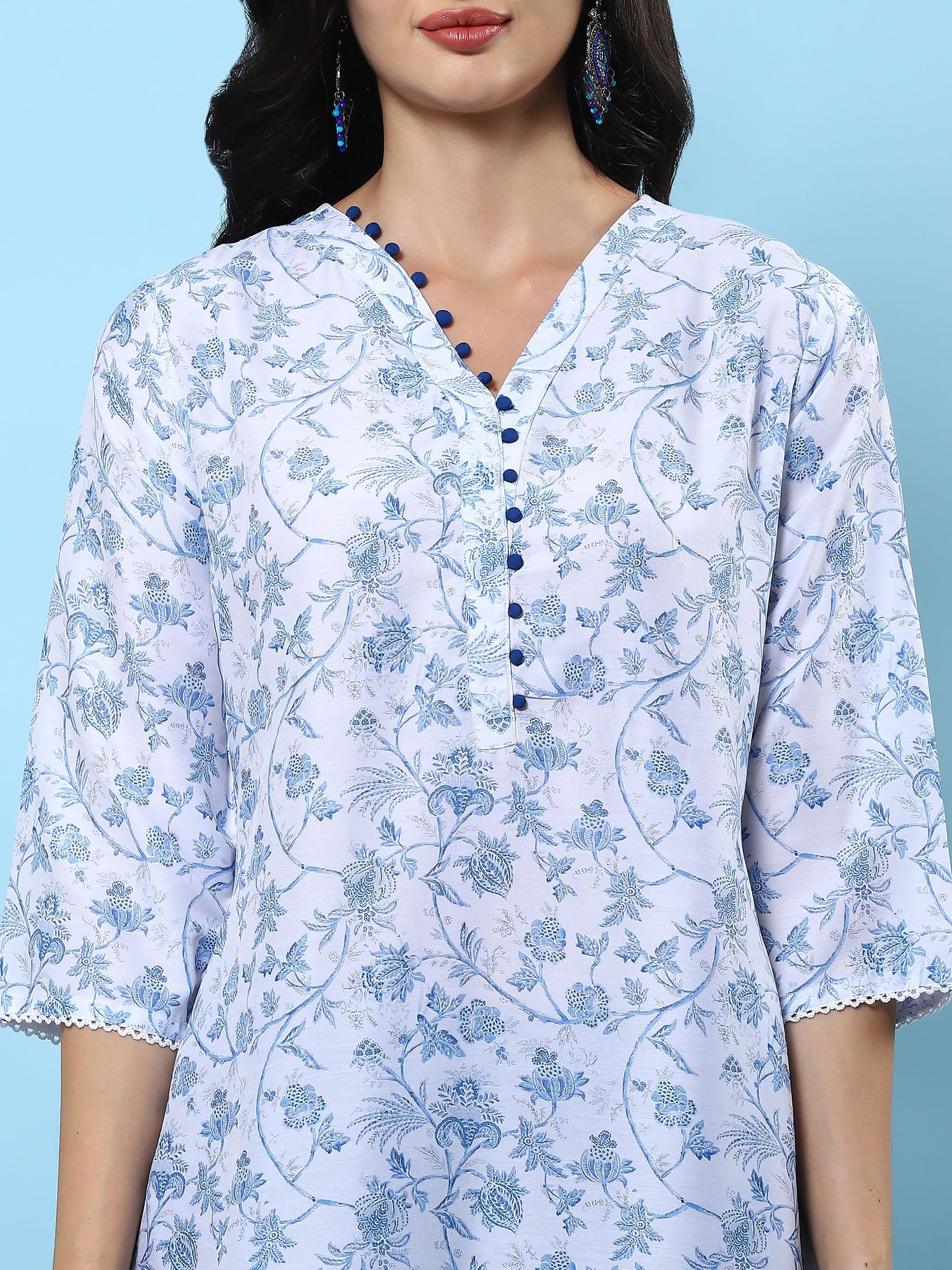 Indiessence Women White Floral Printed Kurta Harem Pant Dupatta.