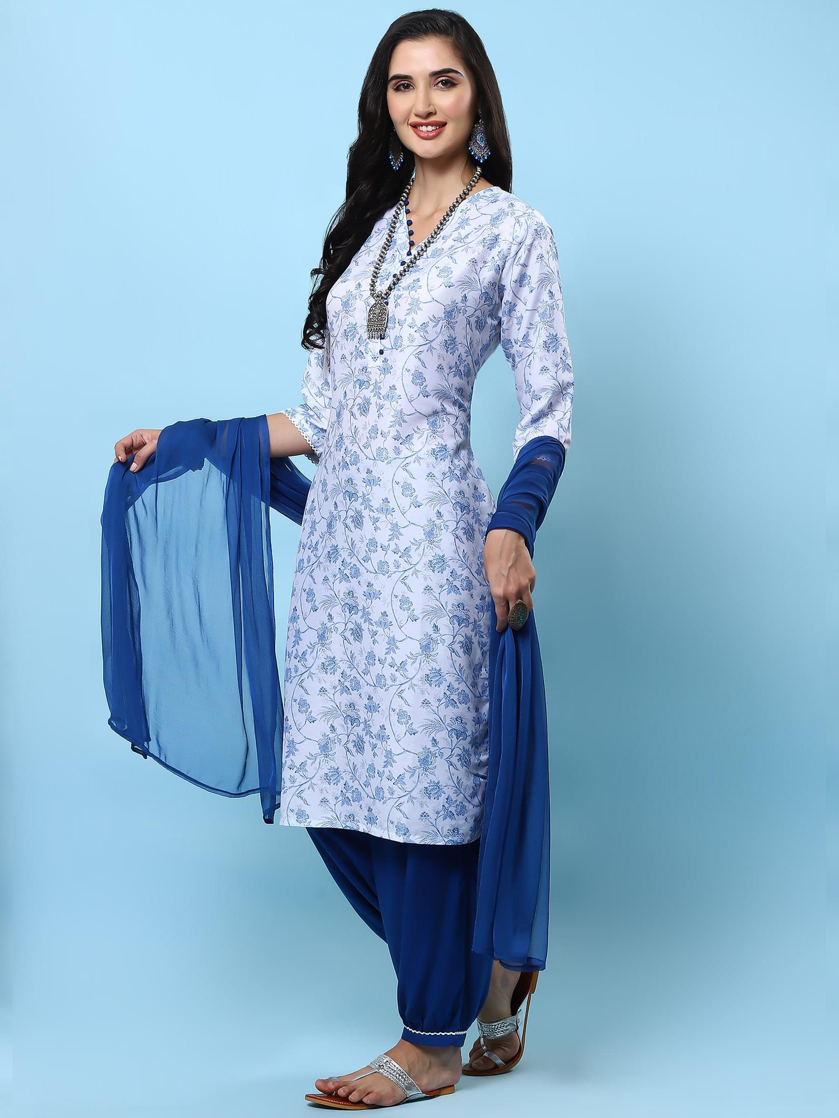 Indiessence Women White Floral Printed Kurta Harem Pant Dupatta.