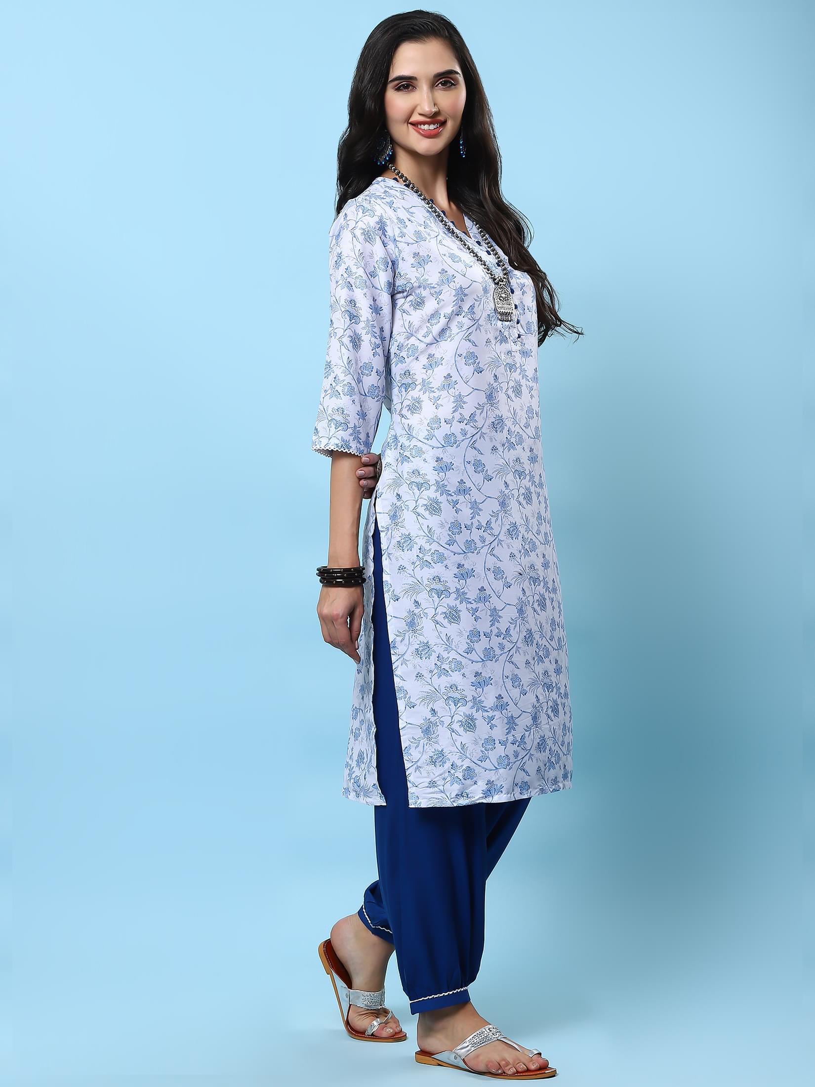 Indiessence Women White Floral Printed Kurta Harem Pant Dupatta.