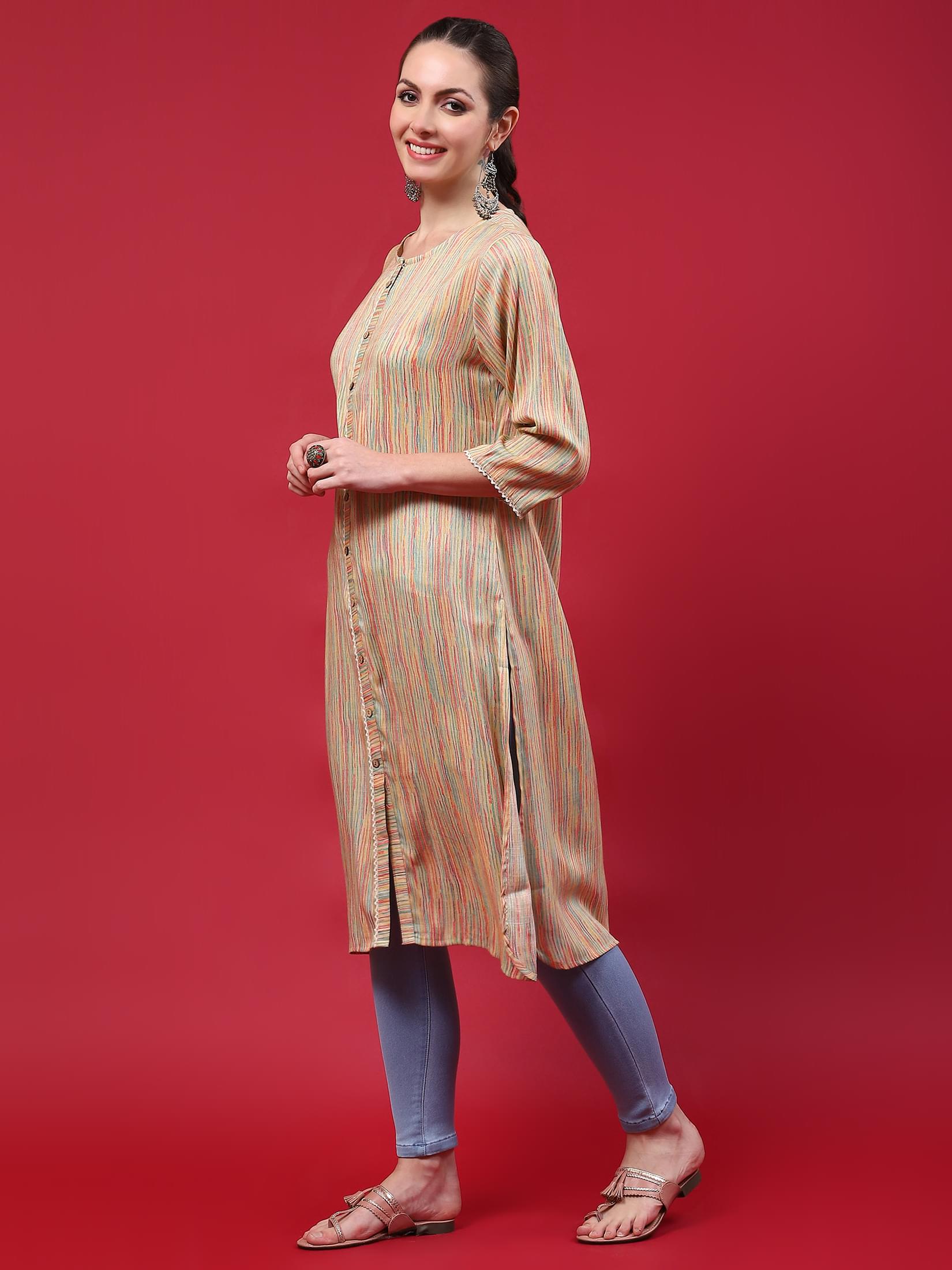 Indiessence (Buy 2 @ 499) Women Beige Stripe Printed Kurta.