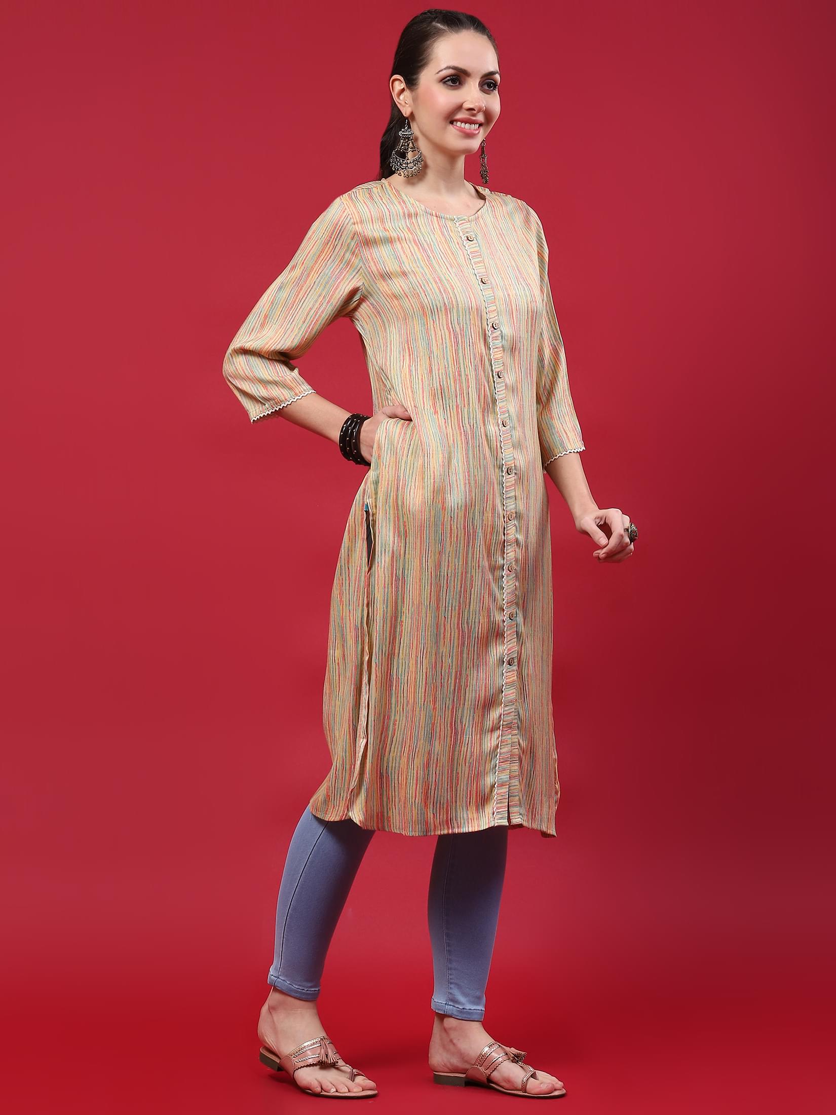 Indiessence (Buy 2 @ 499) Women Beige Stripe Printed Kurta.