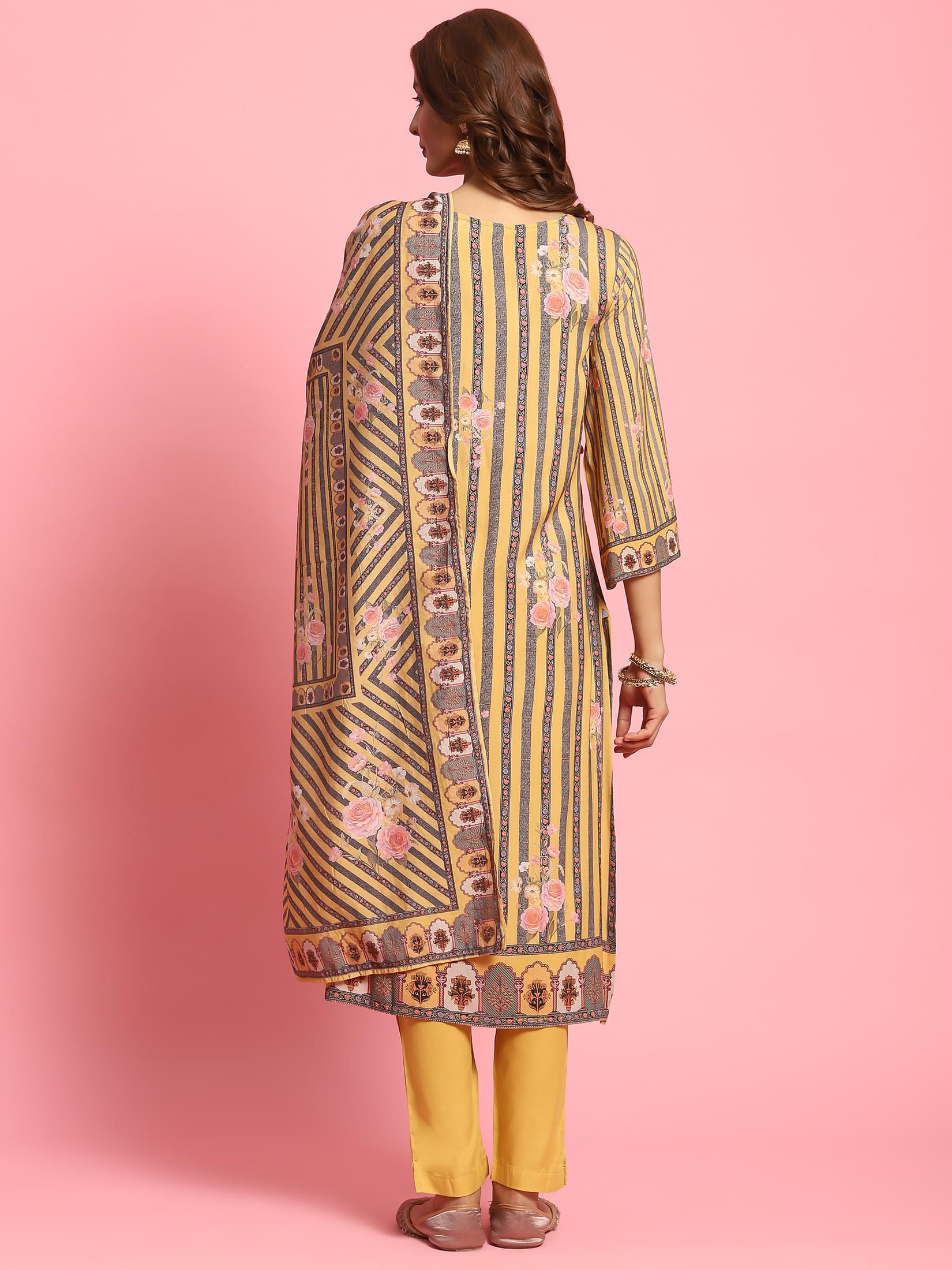 Women Mustard Stripe Printed Kurta Trouser Dupatta.