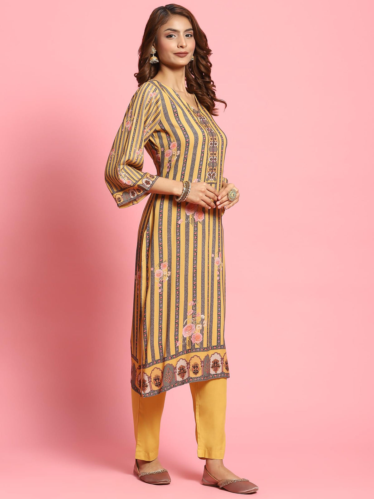 Women Mustard Stripe Printed Kurta Trouser Dupatta.