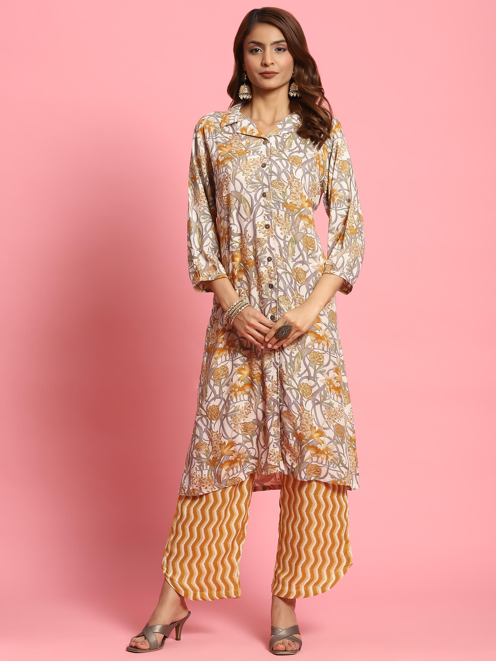 Winter Women Acrylic Jacquard Mustard Woven Kurta Comfort Pant Dupatta