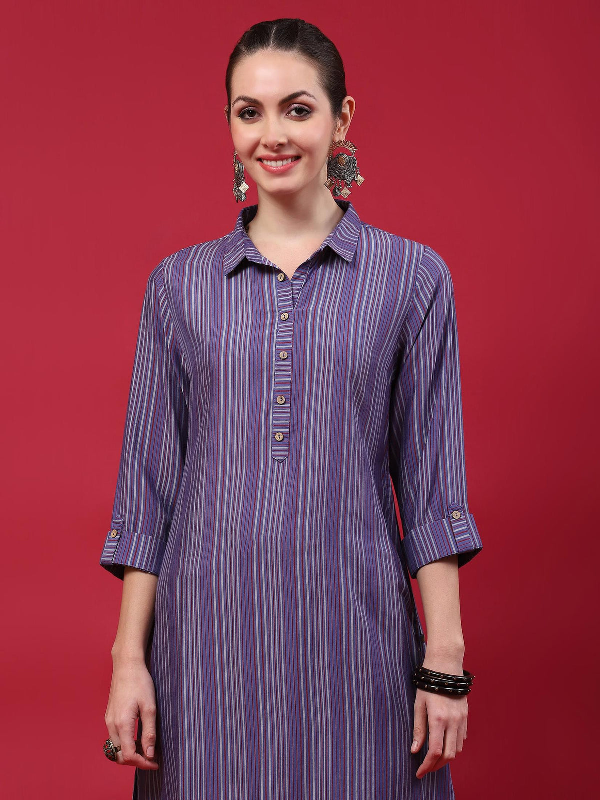 Women Blue Stripe Printed Kurti.