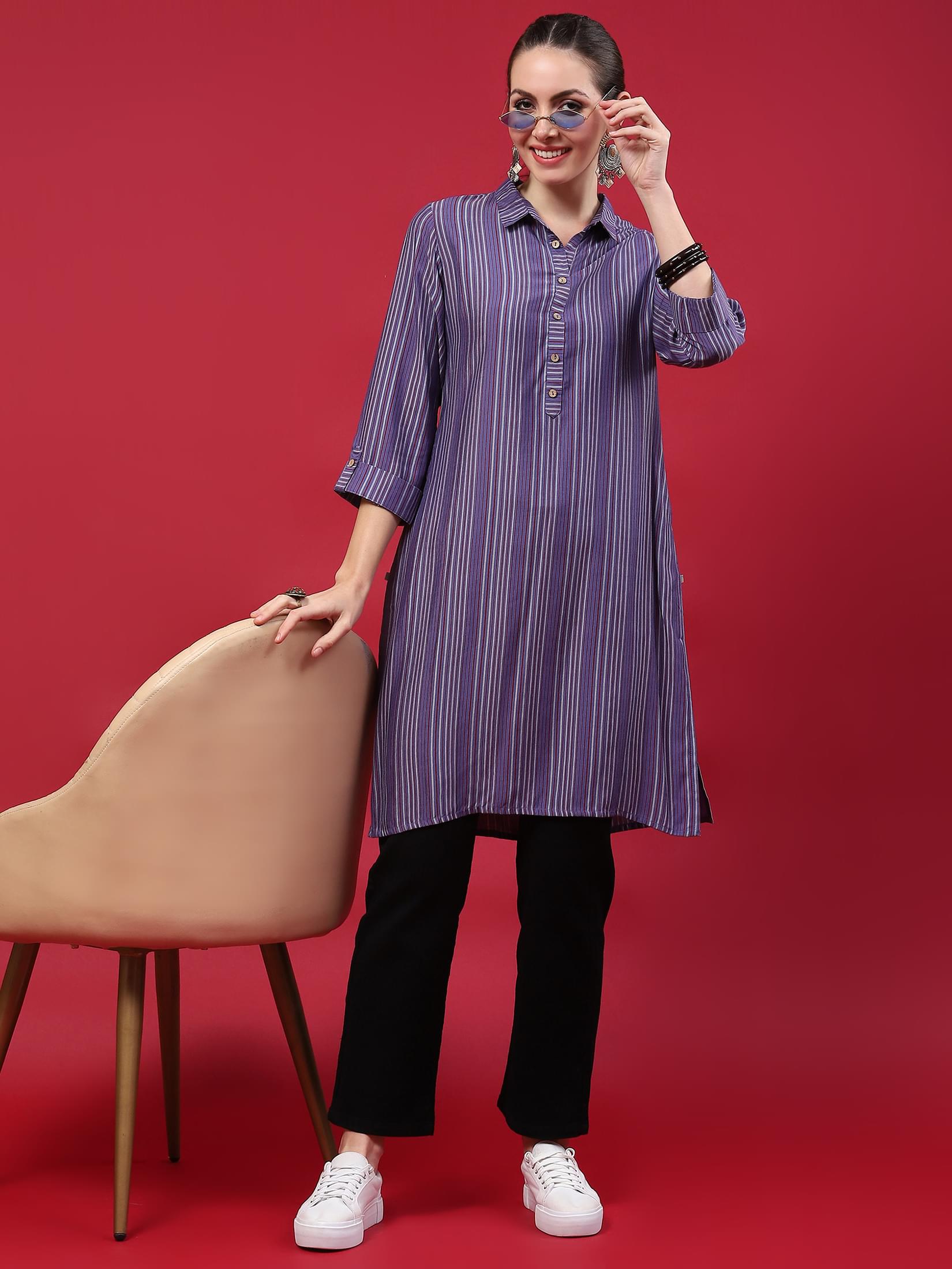 Women Blue Stripe Printed Kurti.