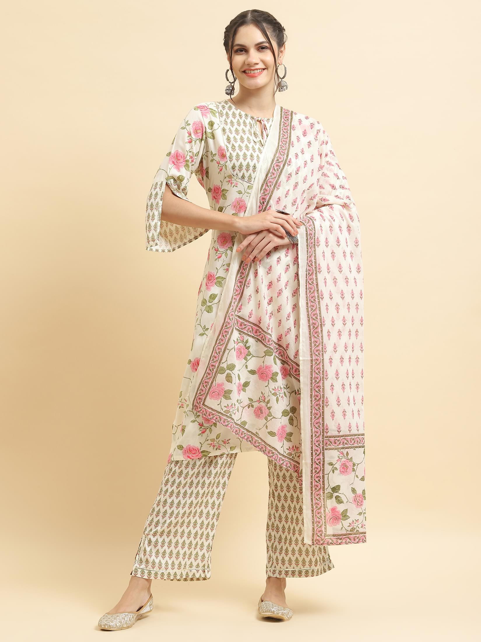 Women Cotton Blue Floral Print Kurta Comfort Pant Dupatta