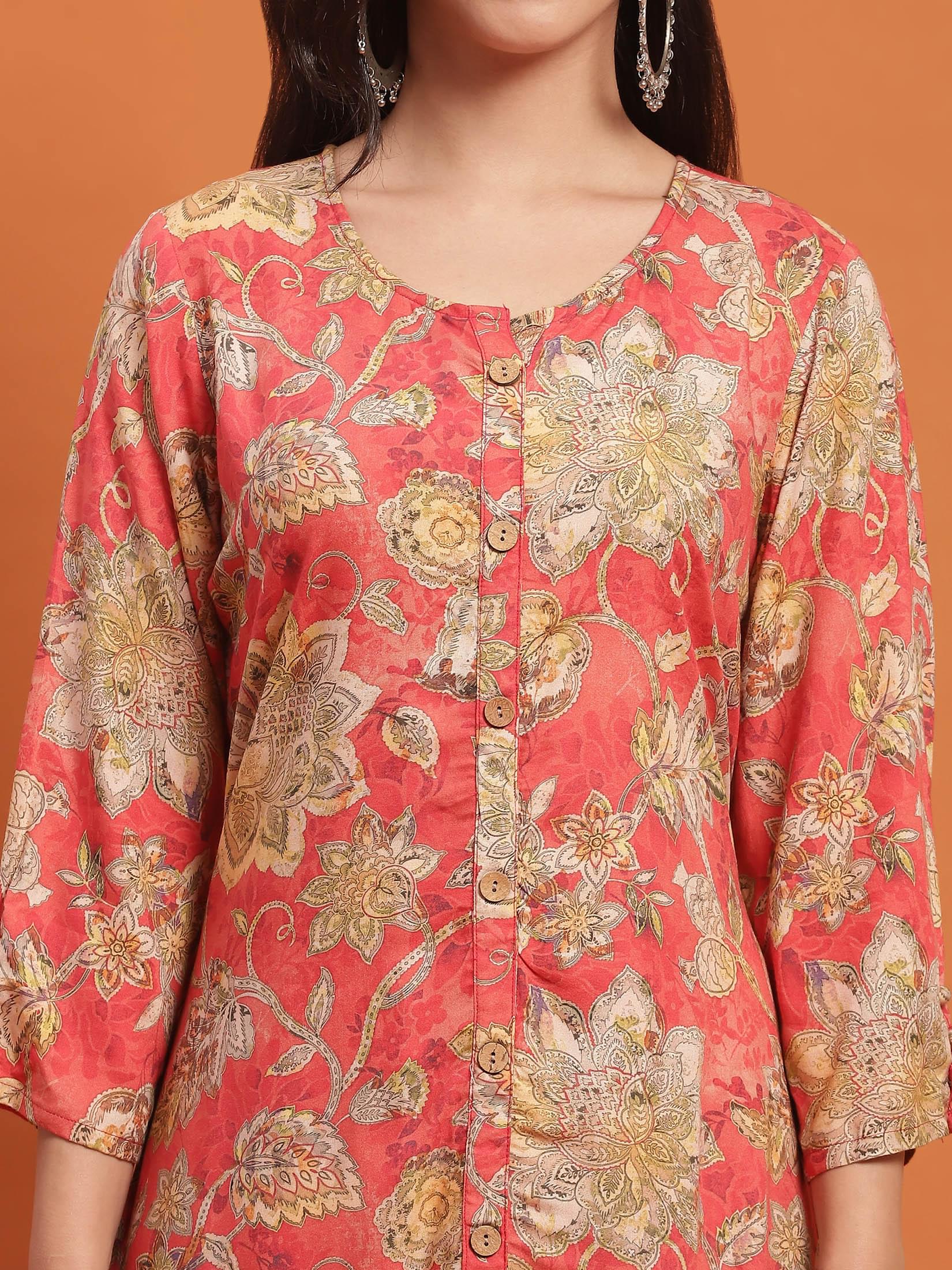 Women Red Floral Print Kurta With Harem Pant.