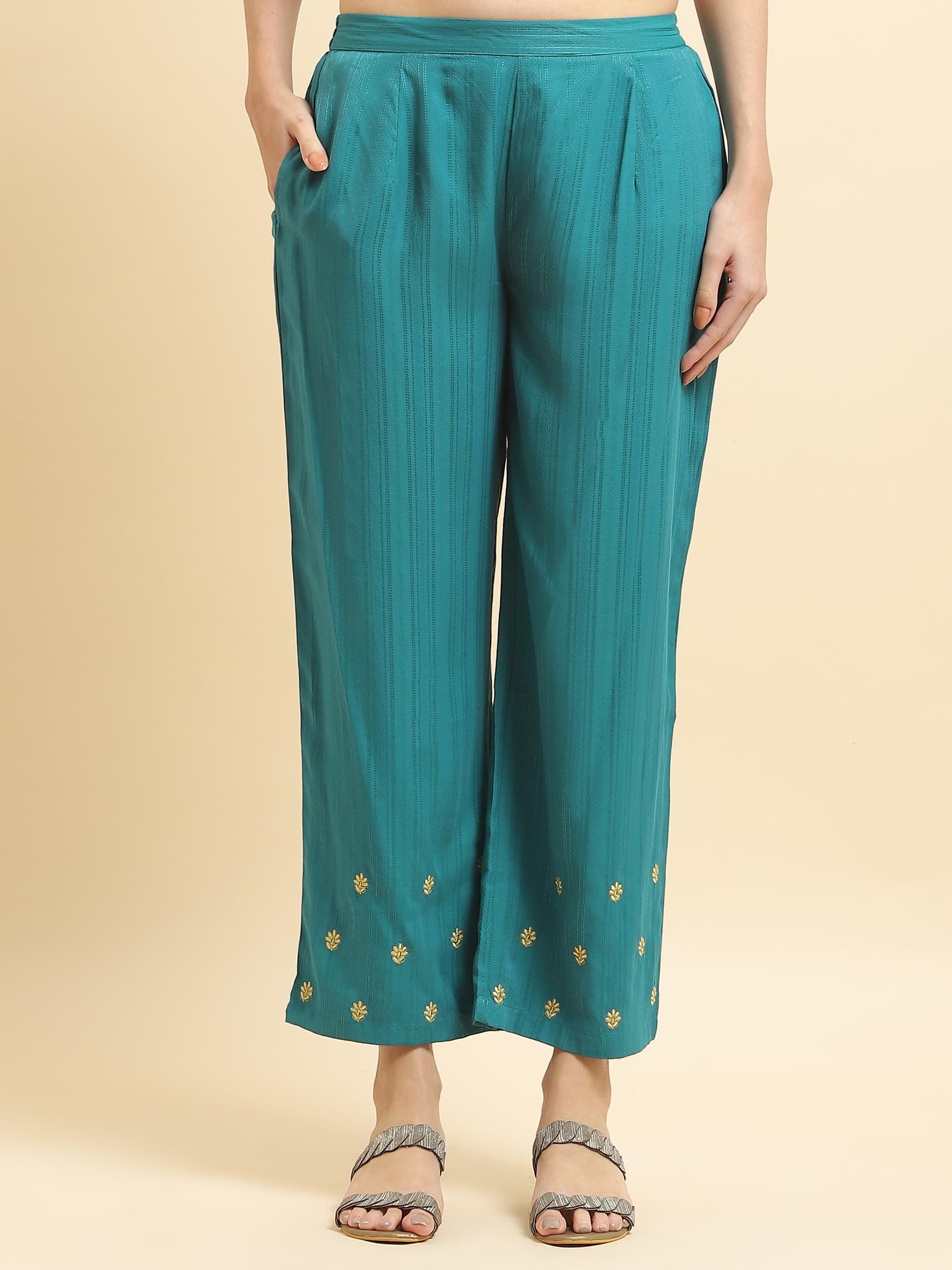 Women Poly Viscose Green Embroidered Kurta With Comfort Pant.