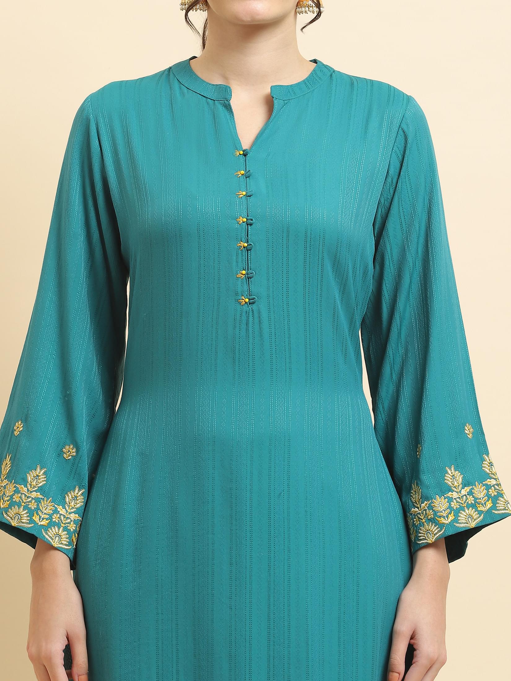 Women Poly Viscose Green Embroidered Kurta With Comfort Pant.