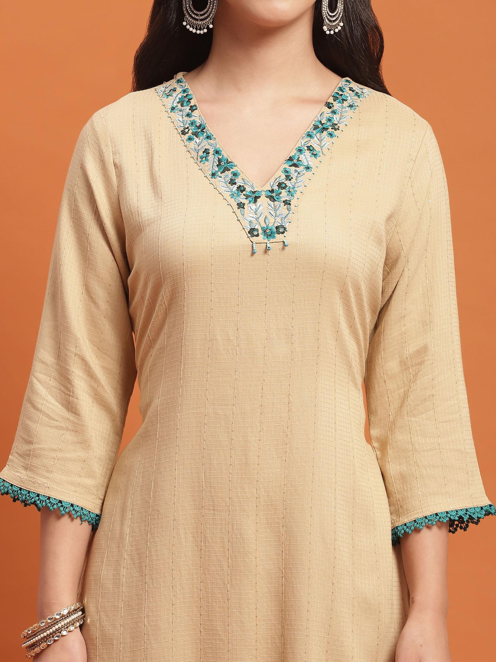 Women Beige Embroidered Kurta Trouser Dupatta.