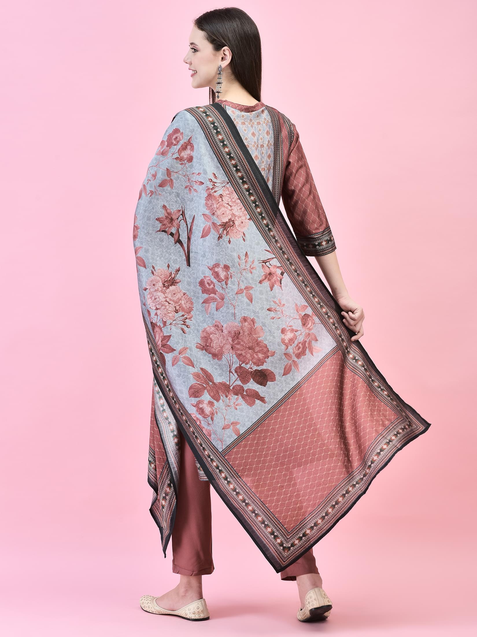 Women Liva (Rayon) Maroon Aztec Print Kurta Trouser Dupatta.