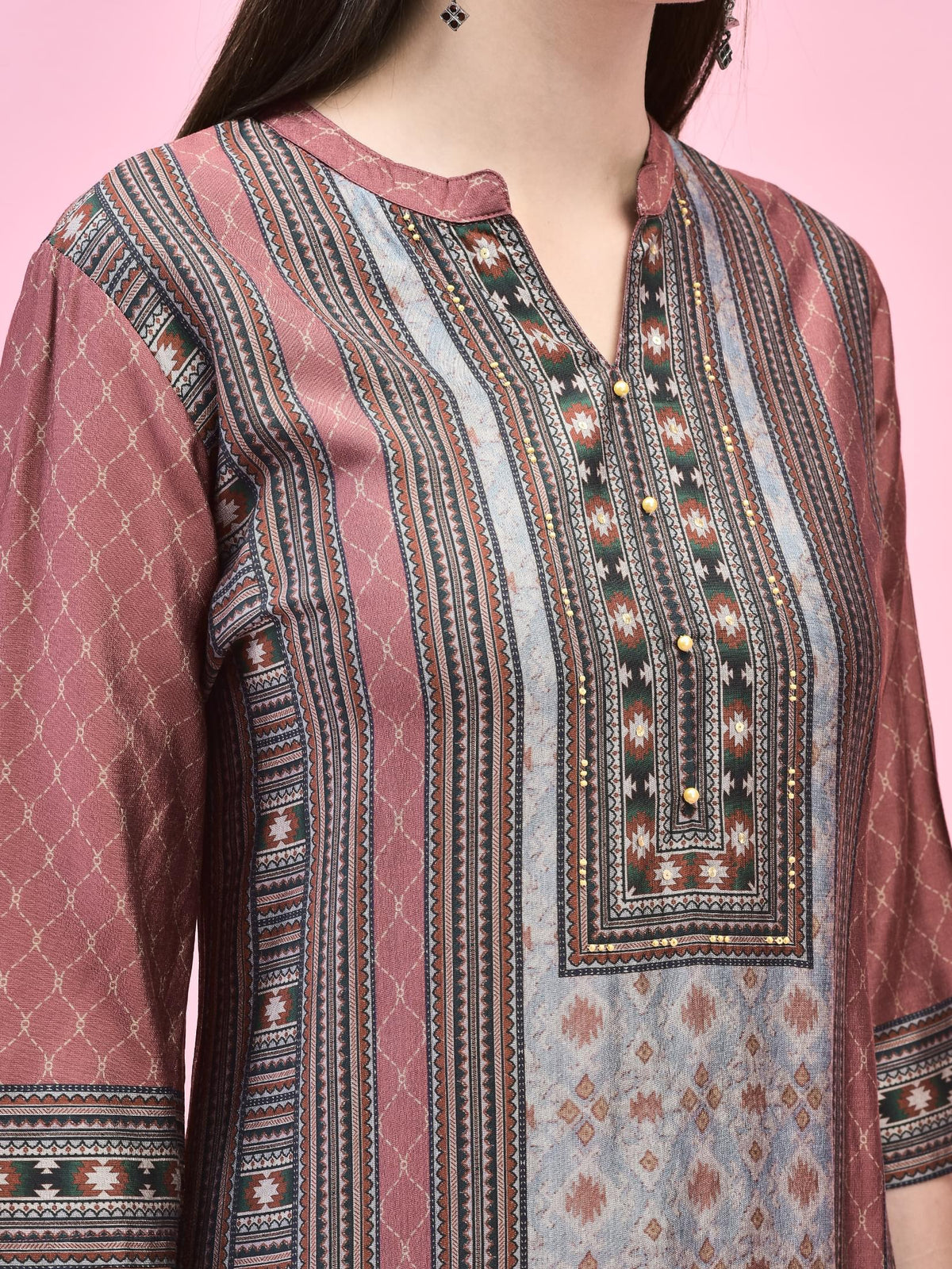 Women Liva (Rayon) Maroon Aztec Print Kurta Trouser Dupatta.