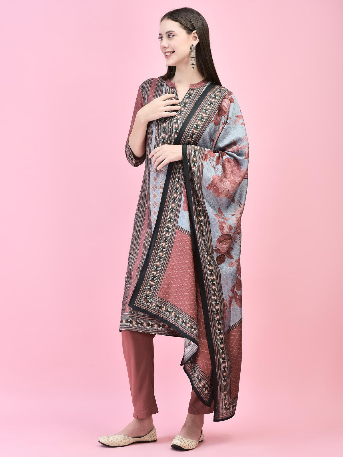 Women Liva (Rayon) Maroon Aztec Print Kurta Trouser Dupatta.