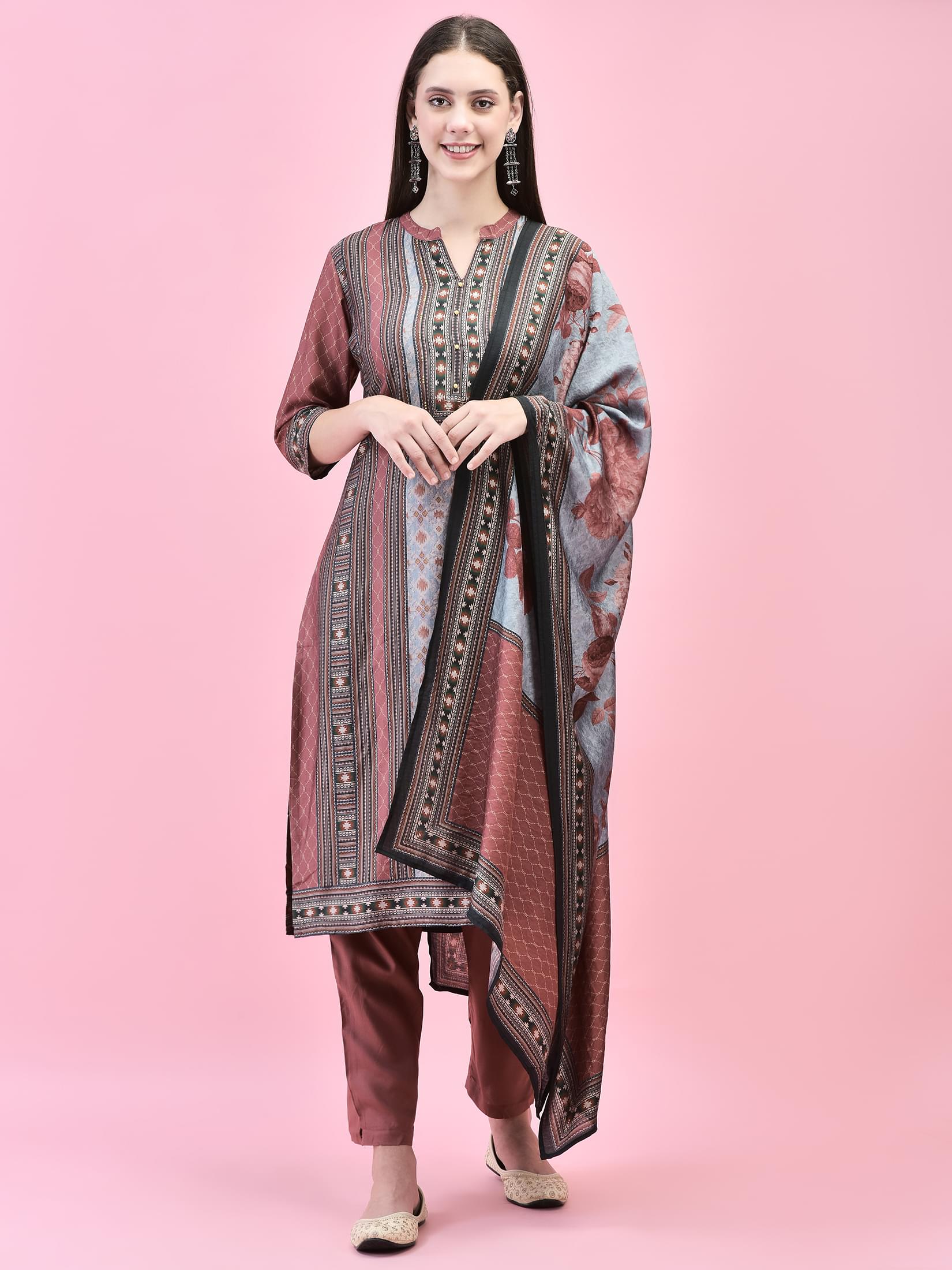 Women Liva (Rayon) Maroon Aztec Print Kurta Trouser Dupatta.