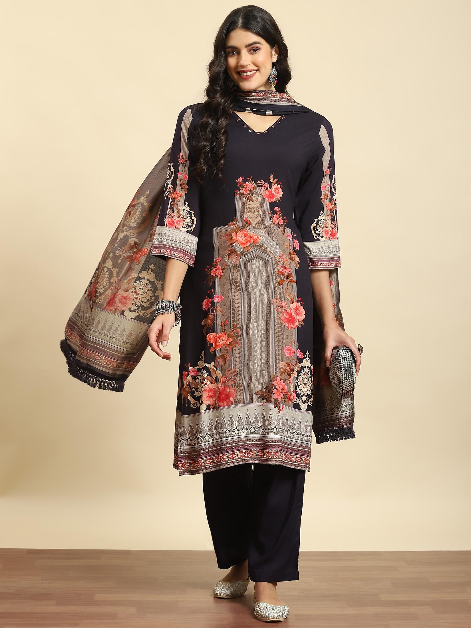 Women Navy Blue Floral Printed Kurta Comfort Pant Dupatta.