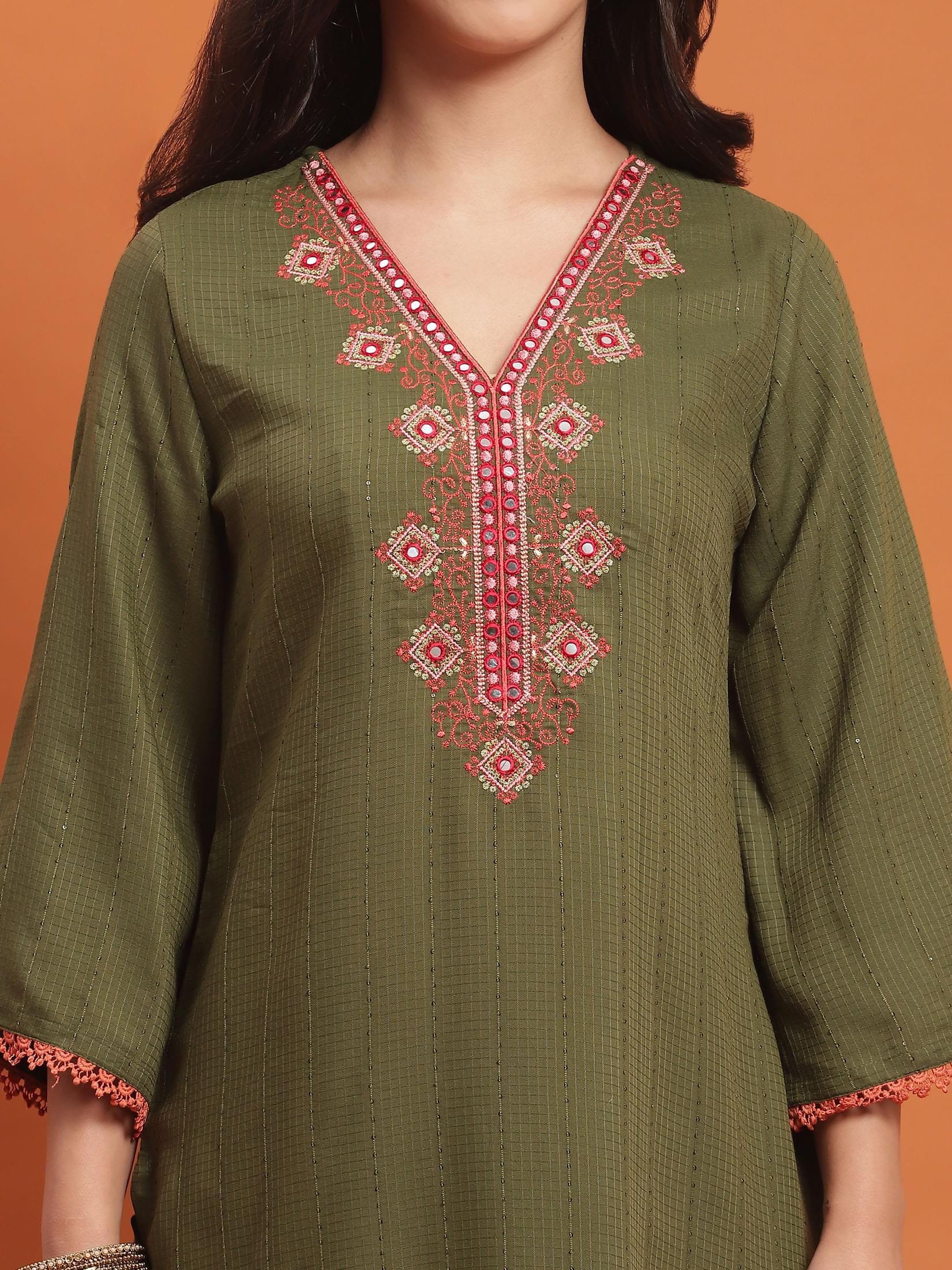 Women Olive Embroidered Kurta Comfort Pant Dupatta.
