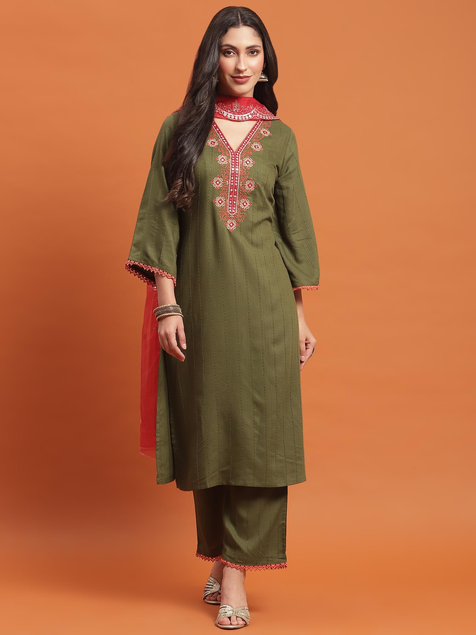 Women Olive Embroidered Kurta Comfort Pant Dupatta.