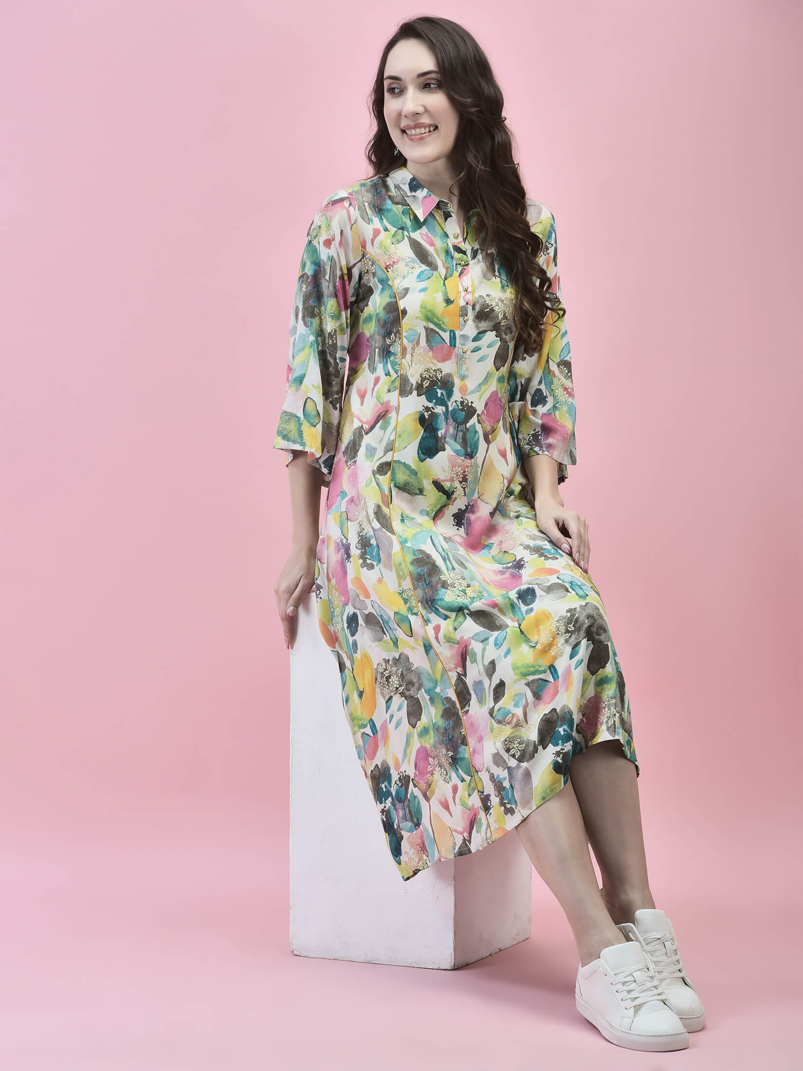 Women Liva Rayon Multicolor Abstract Print Dress.