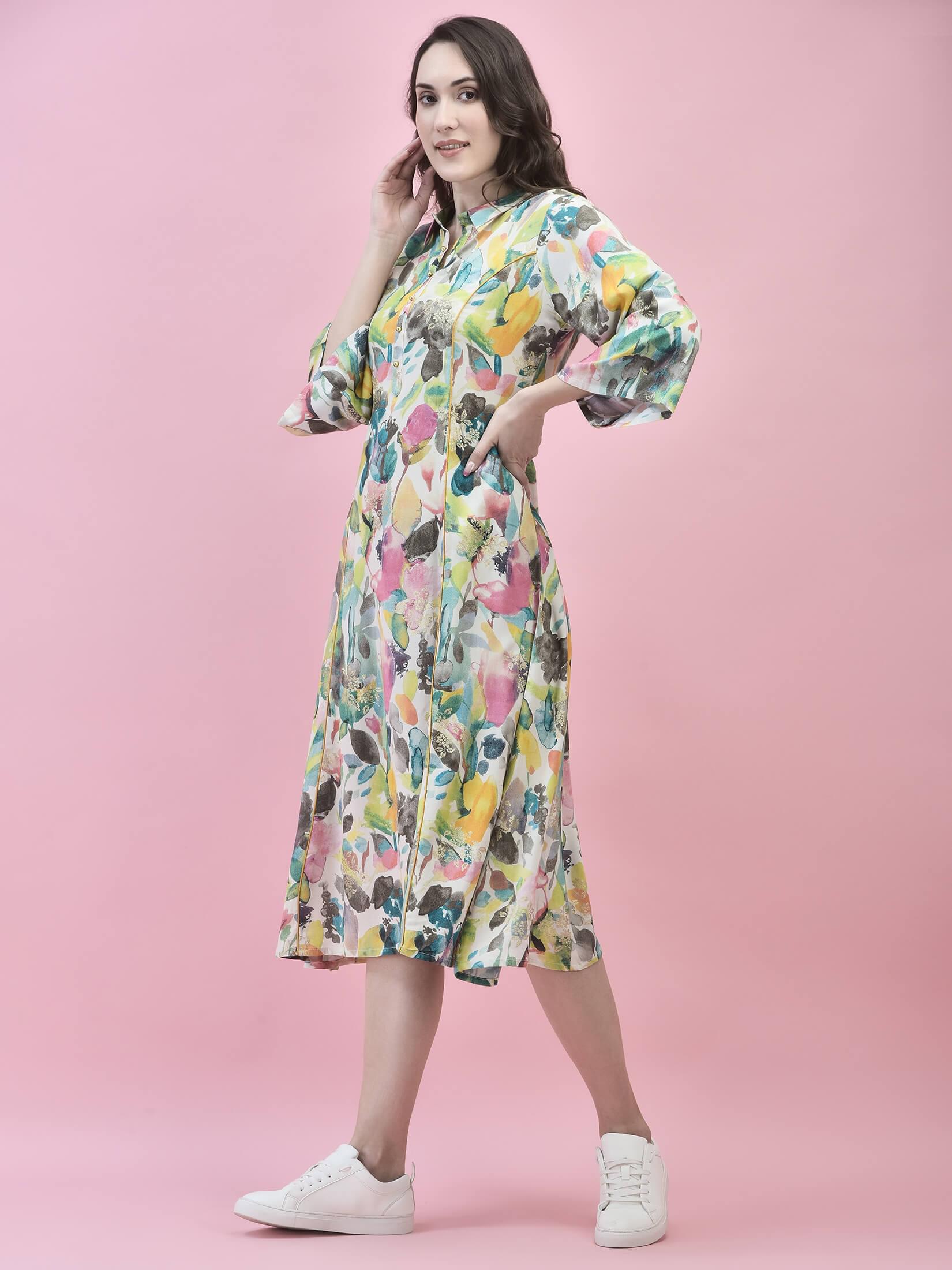 Women Liva Rayon Multicolor Abstract Print Dress.