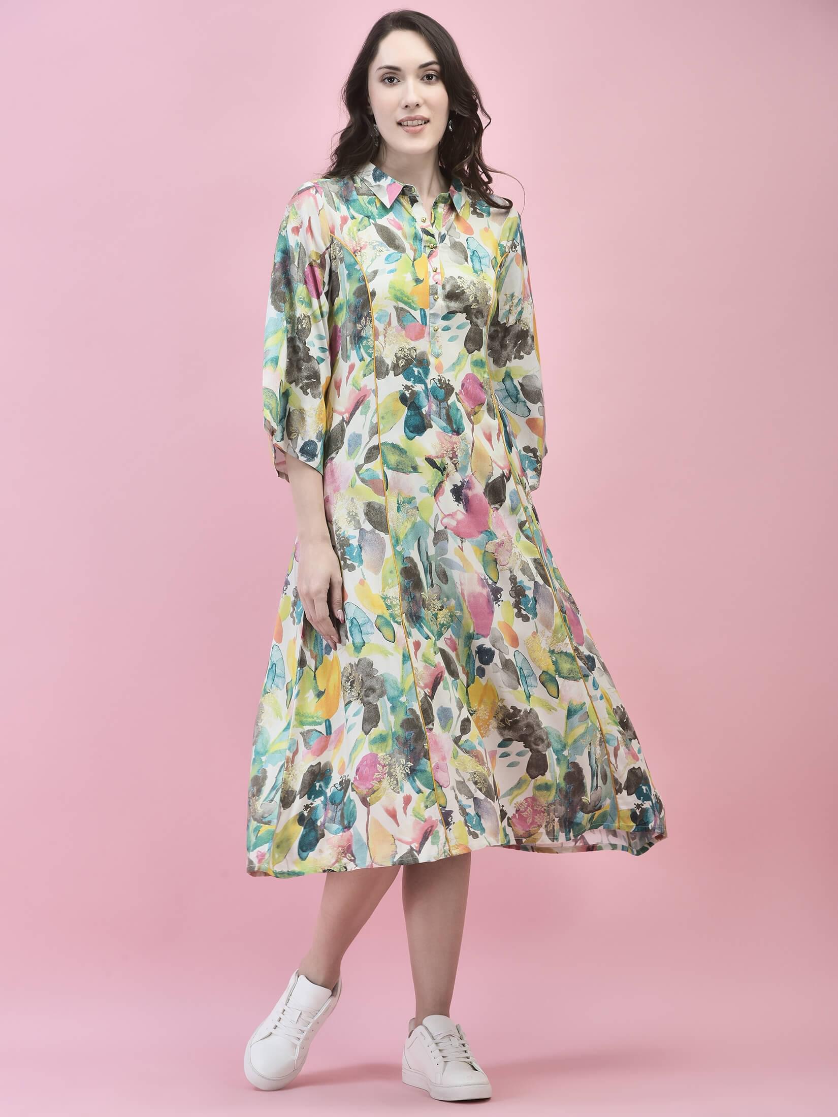 Women Liva Rayon Multicolor Abstract Print Dress.