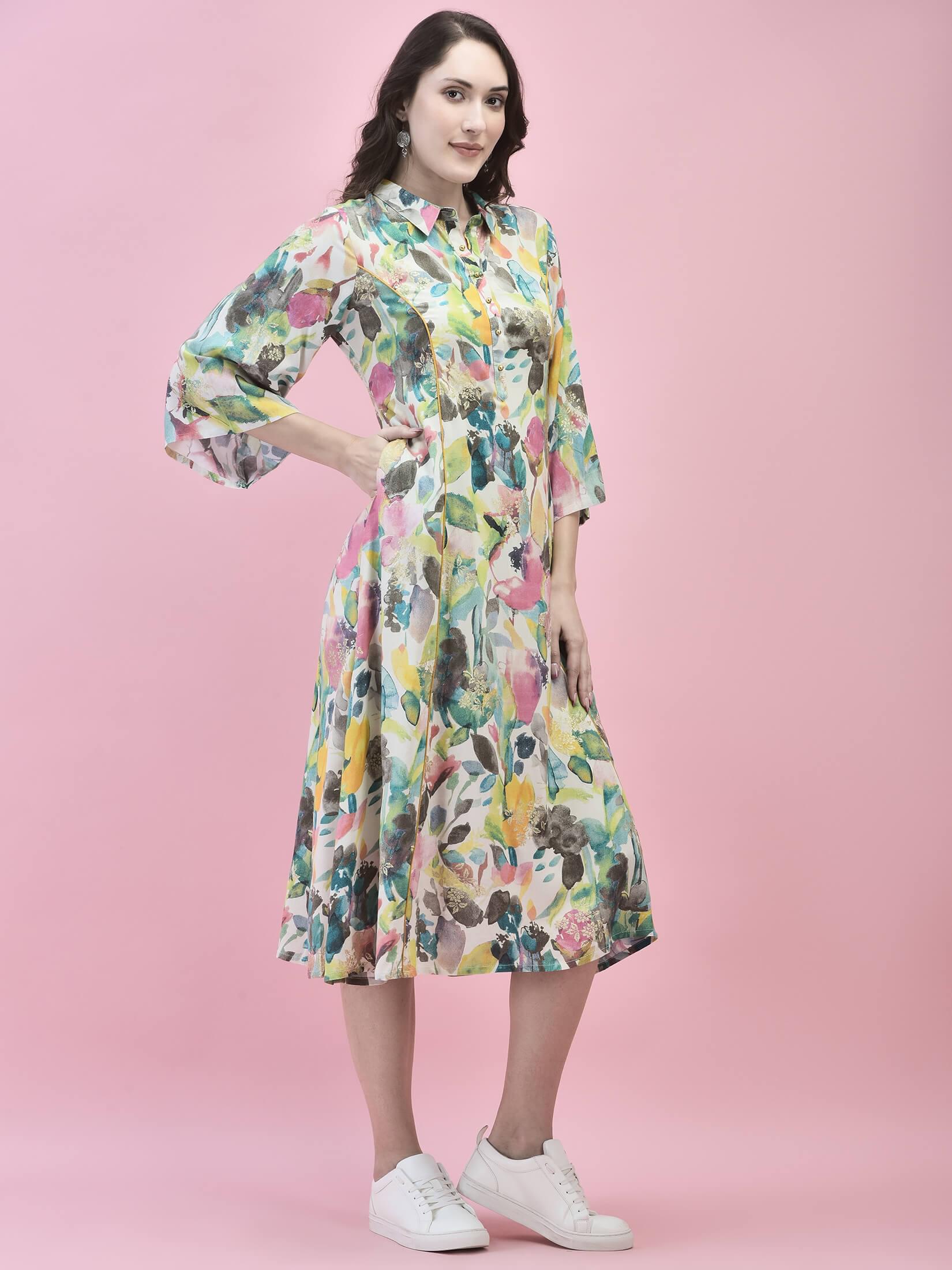 Women Liva Rayon Multicolor Abstract Print Dress.