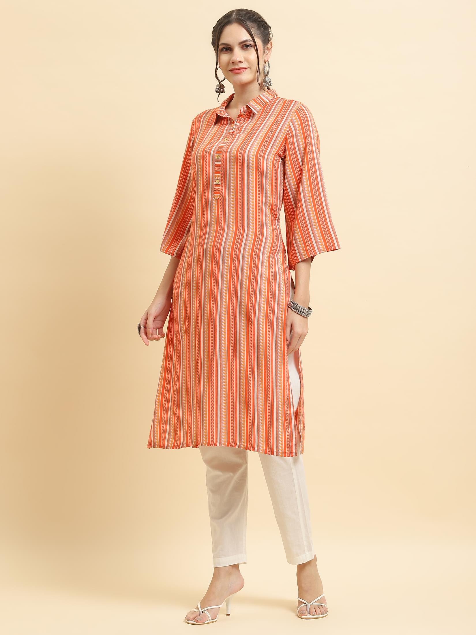 Women Liva Rayon Peach Stripe Print Kurta.