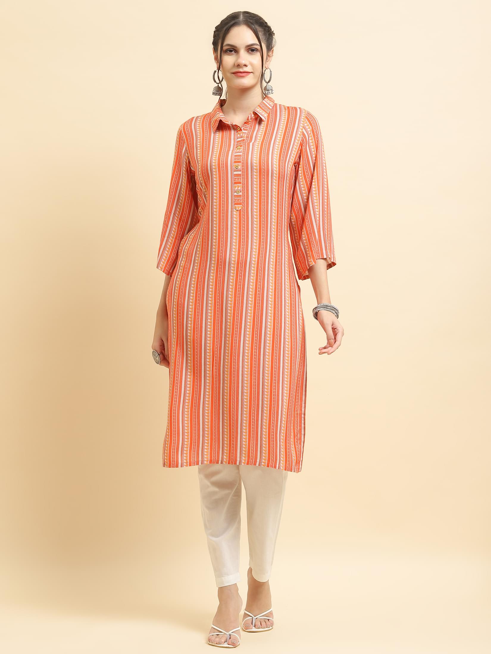 Women Liva Rayon Peach Stripe Print Kurta.