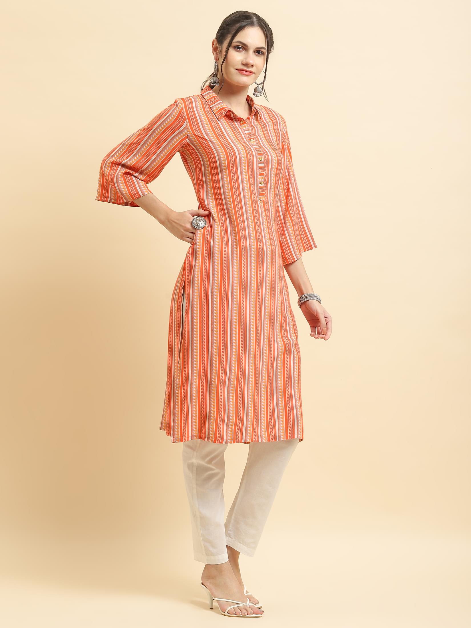 Women Liva Rayon Peach Stripe Print Kurta.