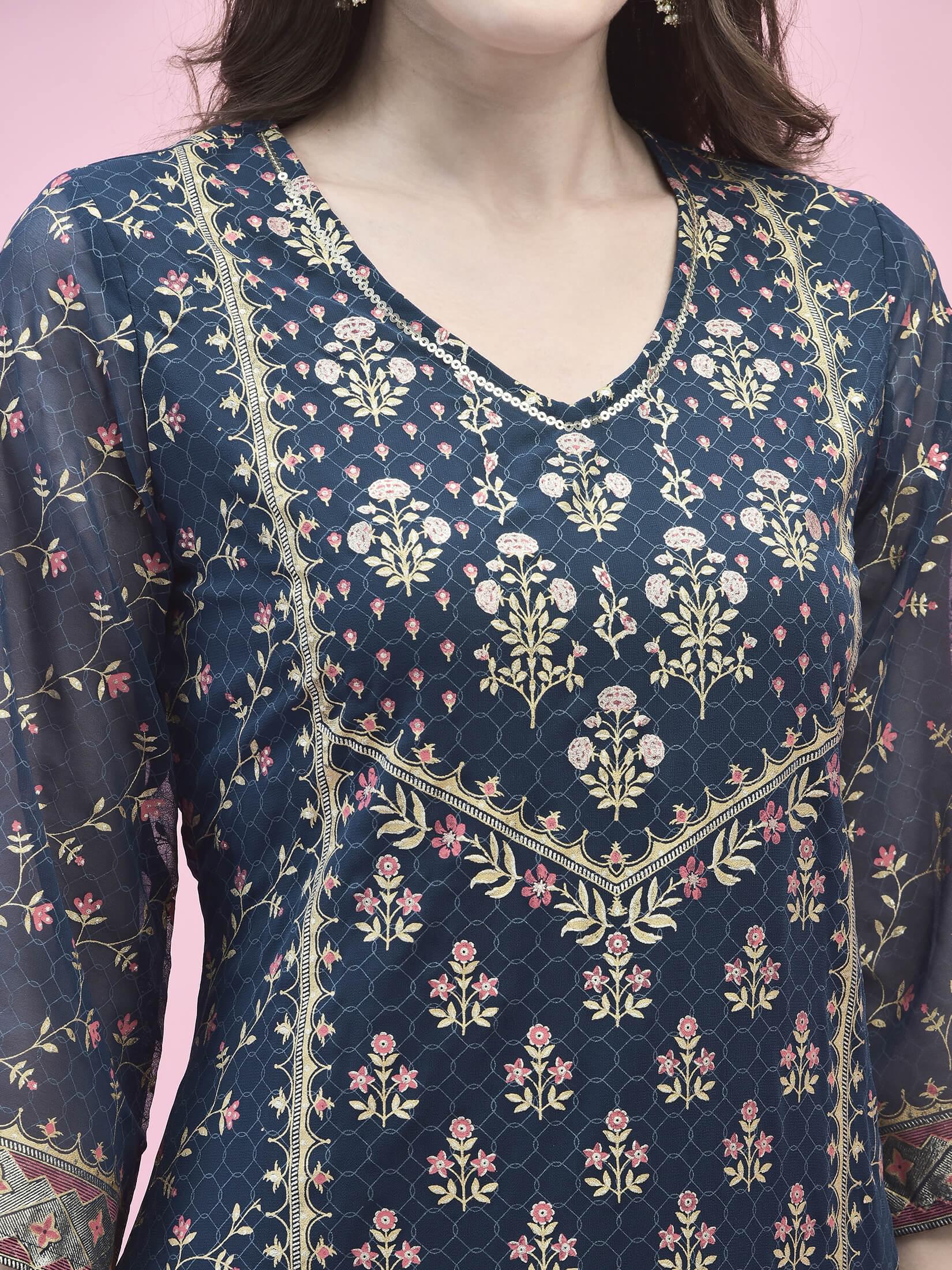 Women Georgette Blue Ornamental Print Kurta Comfort Pant Dupatta.