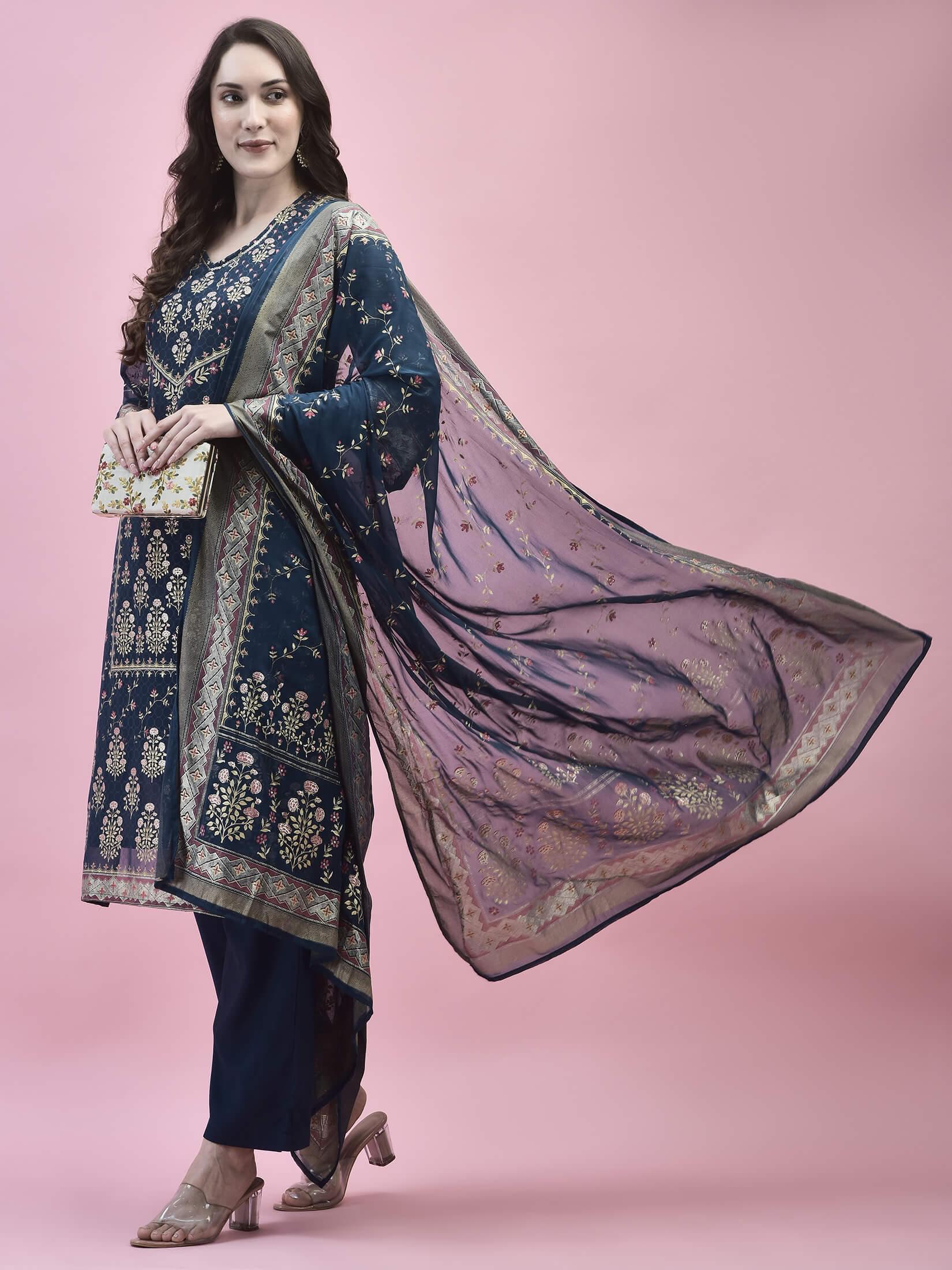 Women Georgette Blue Ornamental Print Kurta Comfort Pant Dupatta.