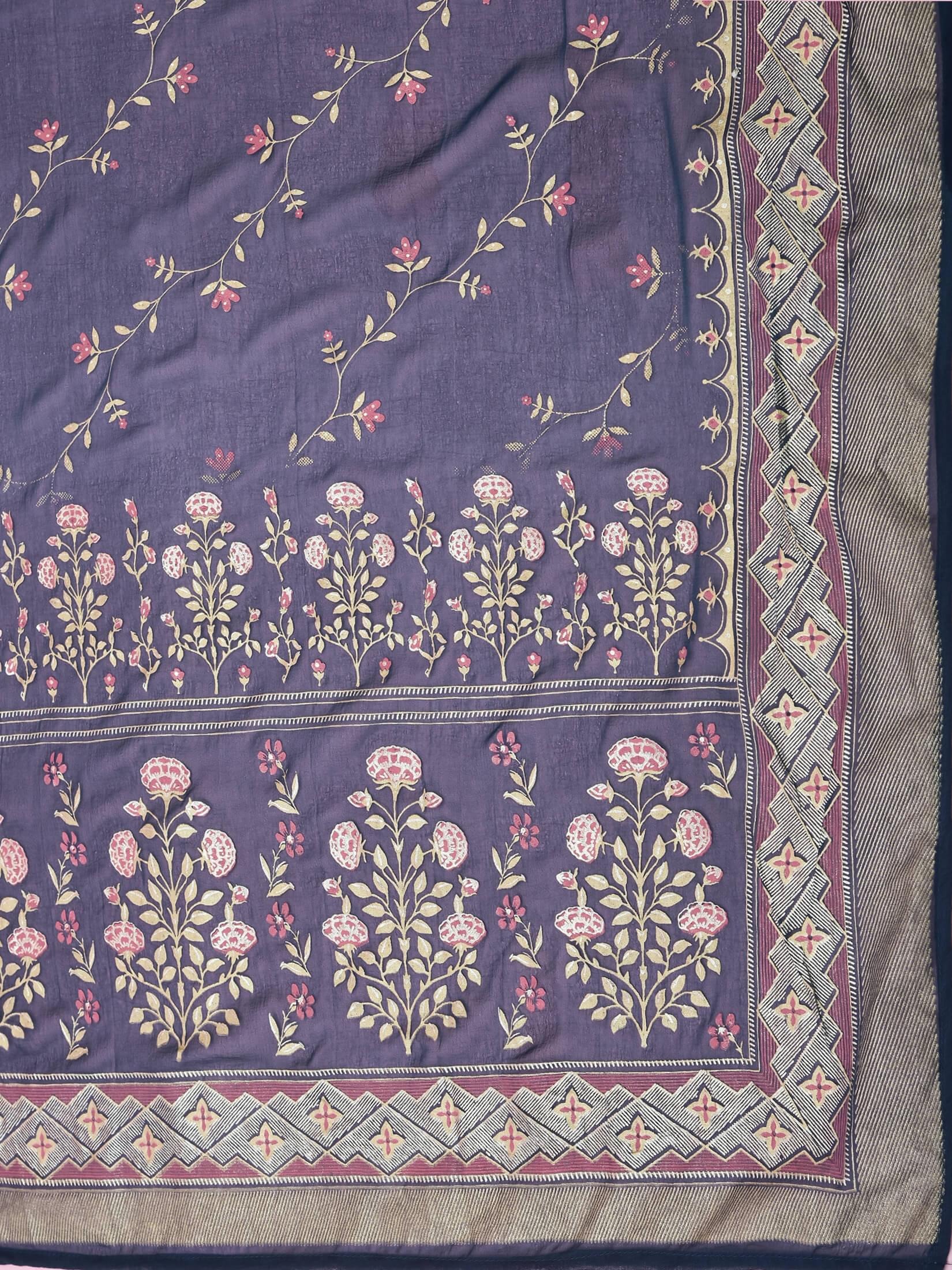 Women Georgette Blue Ornamental Print Kurta Comfort Pant Dupatta.