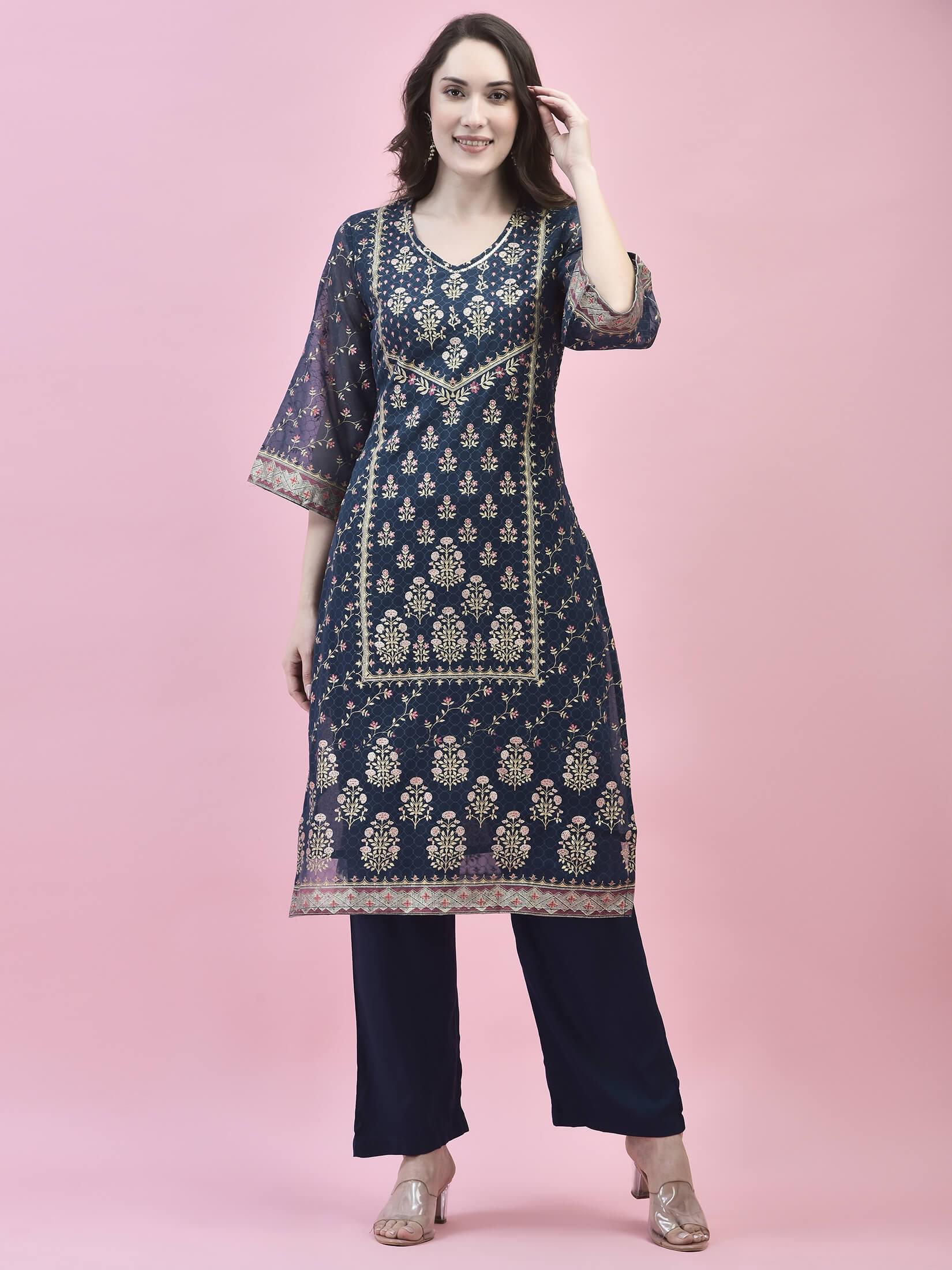 Women Georgette Blue Ornamental Print Kurta Comfort Pant Dupatta.