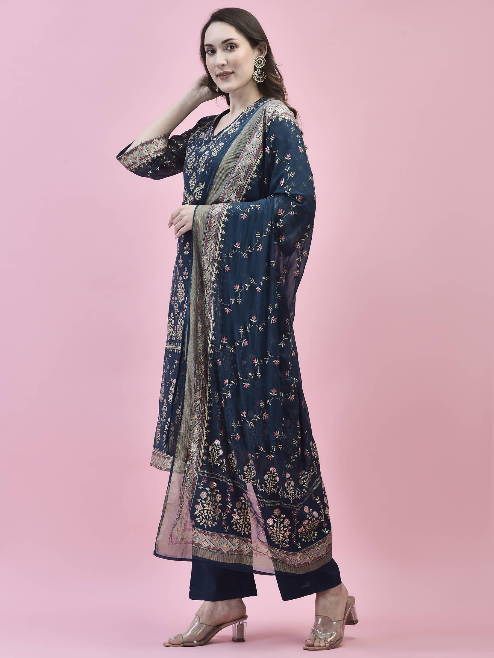 Women Georgette Blue Ornamental Print Kurta Comfort Pant Dupatta.