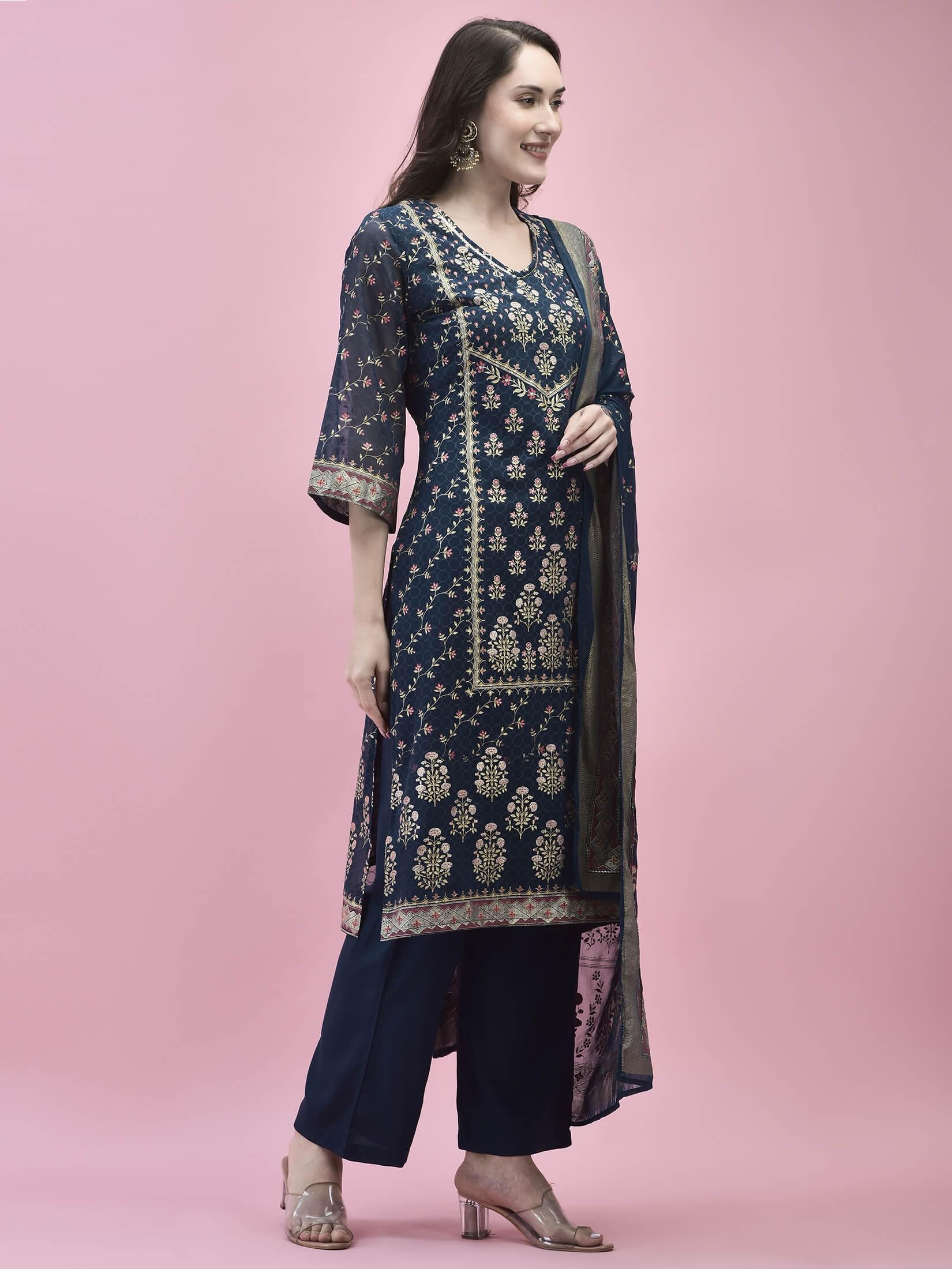 Women Georgette Blue Ornamental Print Kurta Comfort Pant Dupatta.