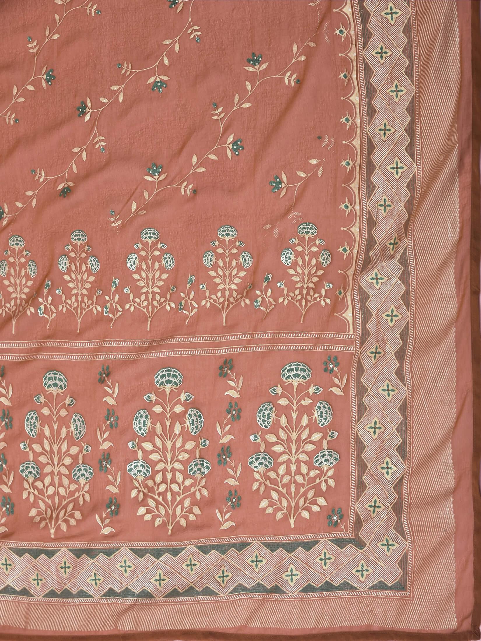 Women Georgette Rust Ornamental Print Kurta Comfort Pant Dupatta.
