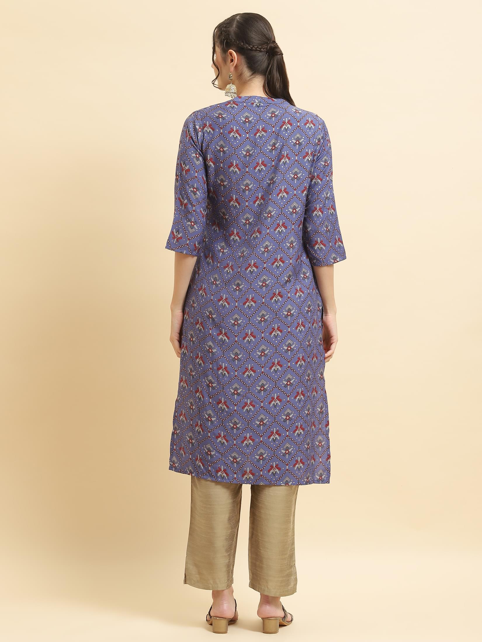 Women Muslin Purple Aztec Print Kurta.