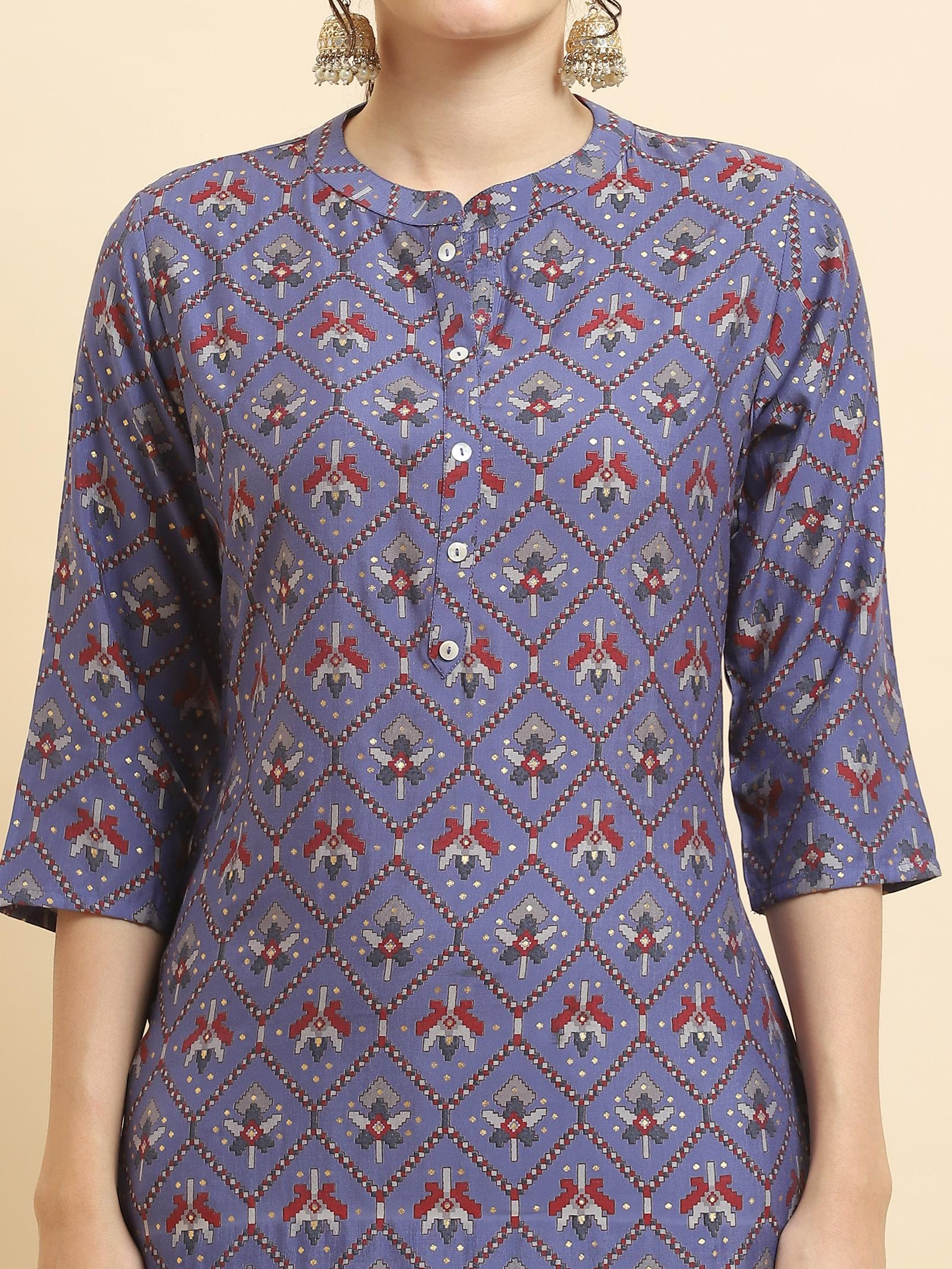 Women Muslin Purple Aztec Print Kurta.